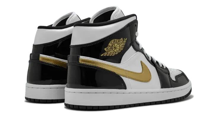 Jordan 1 Mid Patent Black White Gold 3/4