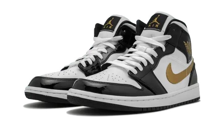 Jordan 1 Mid Patent Black White Gold 2/4