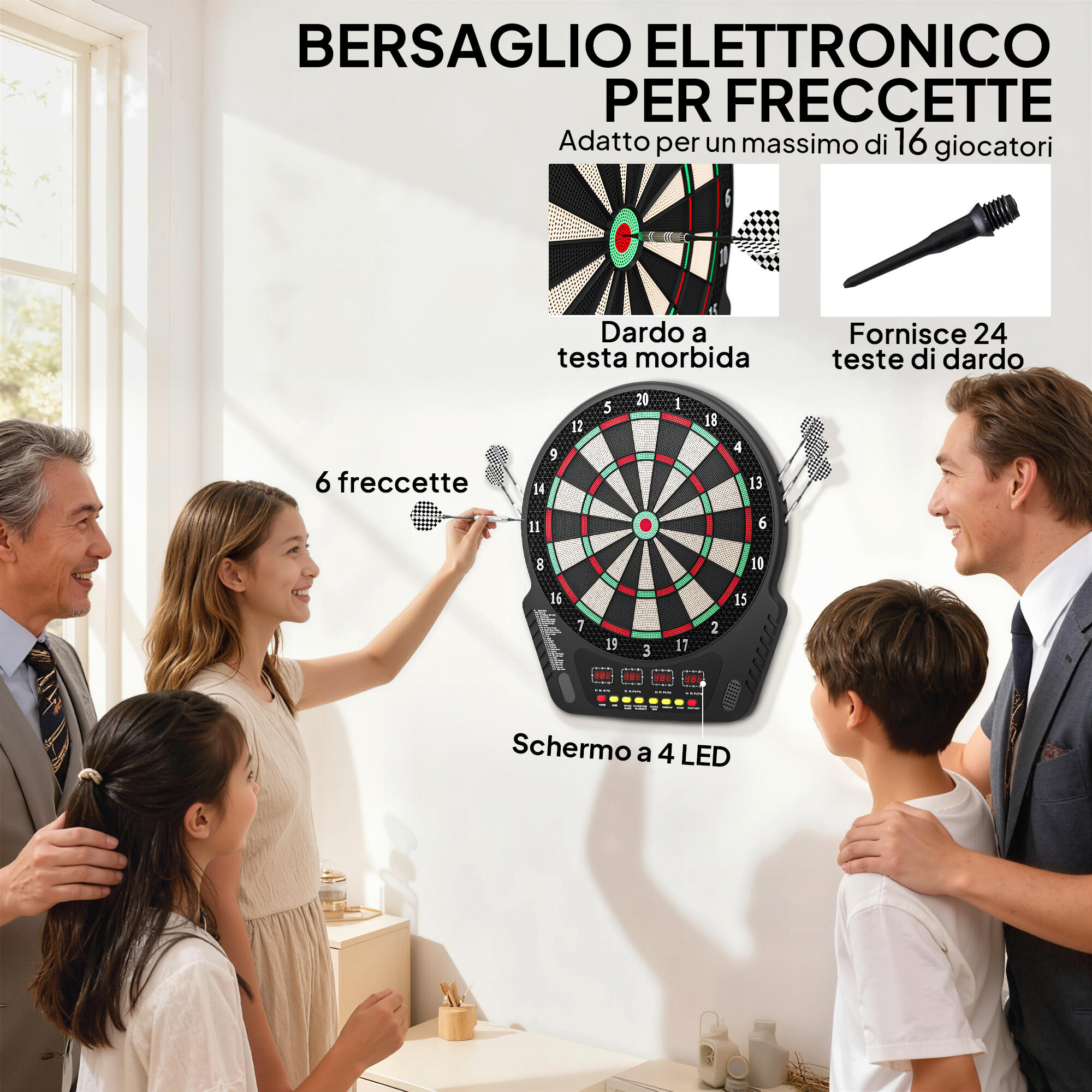 HOMCOM Bersaglio Freccette con 6 Freccette, Alimentatore e 4 Display LED Nero 4/7
