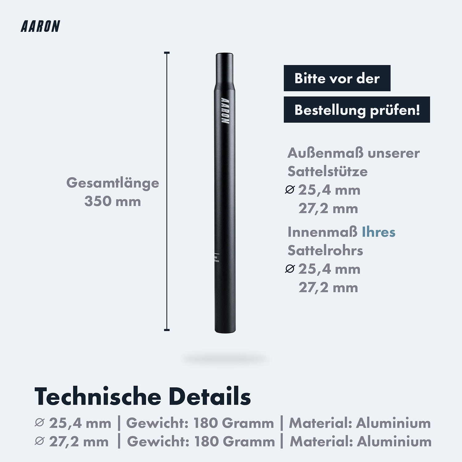 Tube Sattelstütze - Ø 25,4 mm - 350 mm Länge - 6061 Aluminium, schwarz 5/5