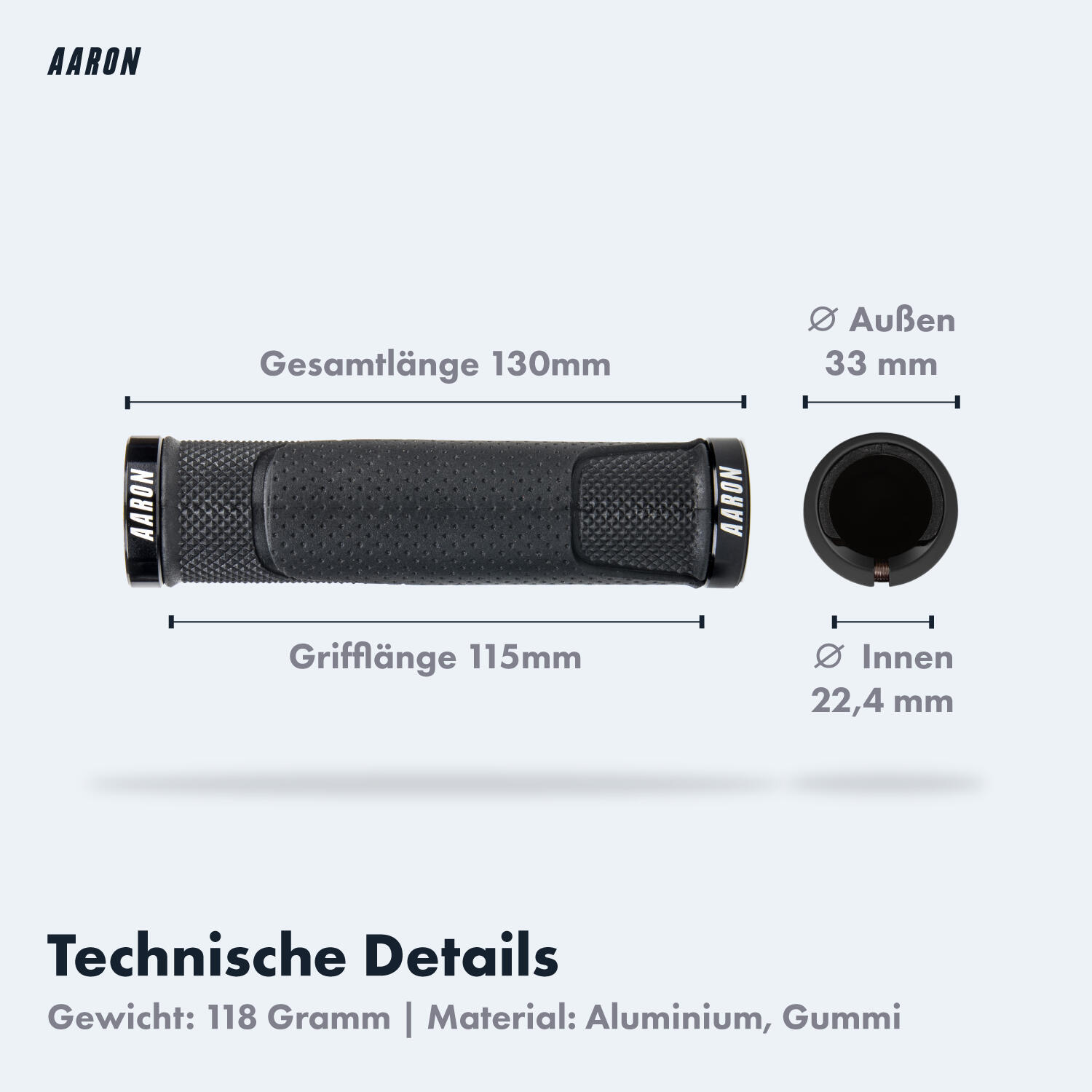 MTB Fahrradgriffe - 33 mm Durchmesser, 130 mm Länge, rutschfest - Schwarz 4/7