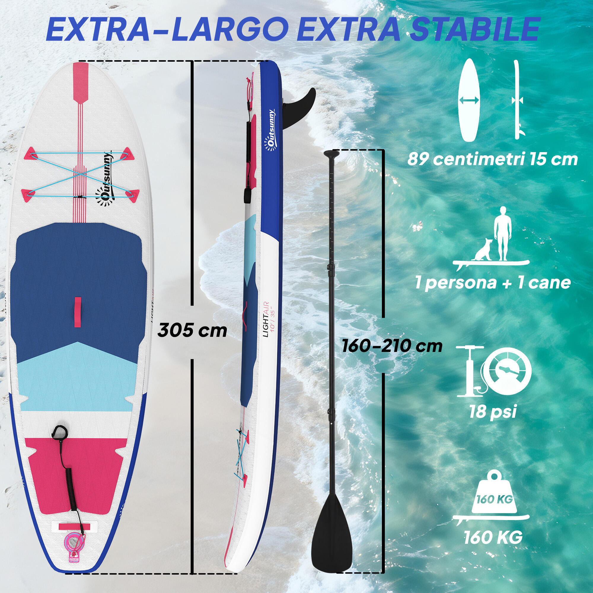 Outsunny SUP Gonfiabile con Pagaia, Pompa e Zaino, 305x89x15cm 3/8