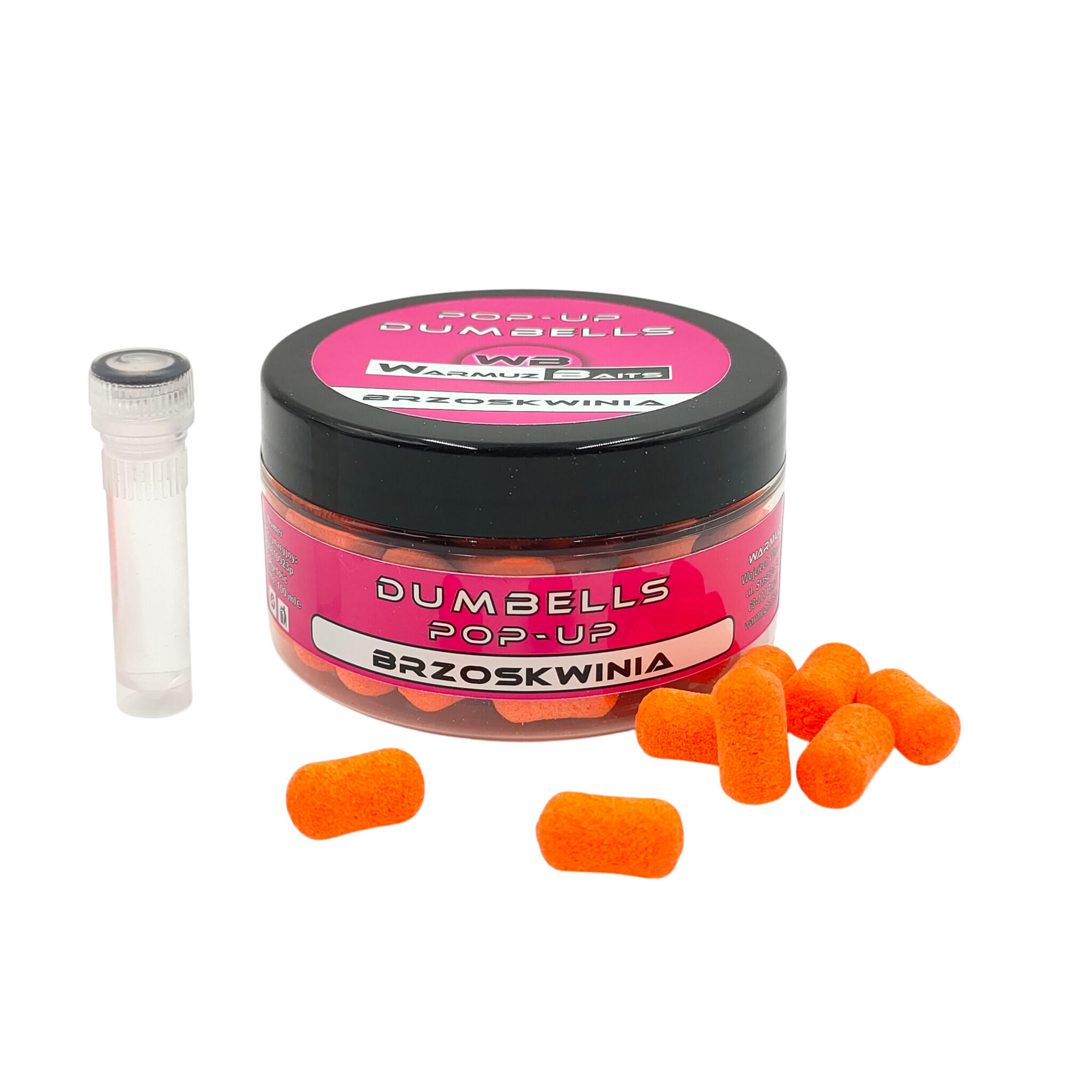 Kulki Pływające Pop Up 10mm Dumbells + dopalacz Warmuz Baits 100ml BRZOSKWINIA 1/1