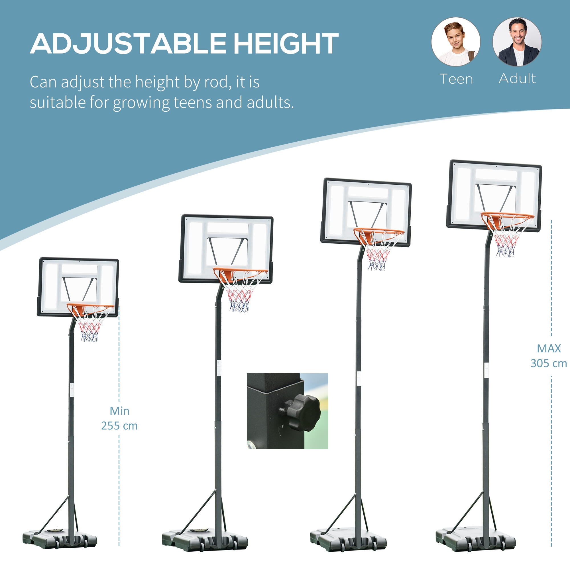 HOMCOM Canestro Basket per Adulti con Altezza Regolabile - Nero 4/7