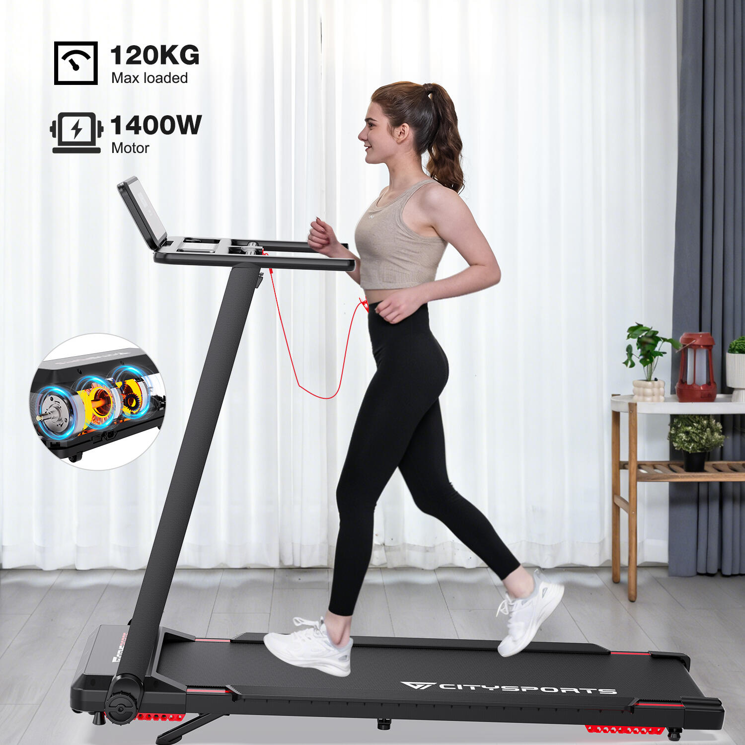 Skládací běžecký pás Citysports HG2-12-1400W-12 km/h-APP-Bluetooth 5/7
