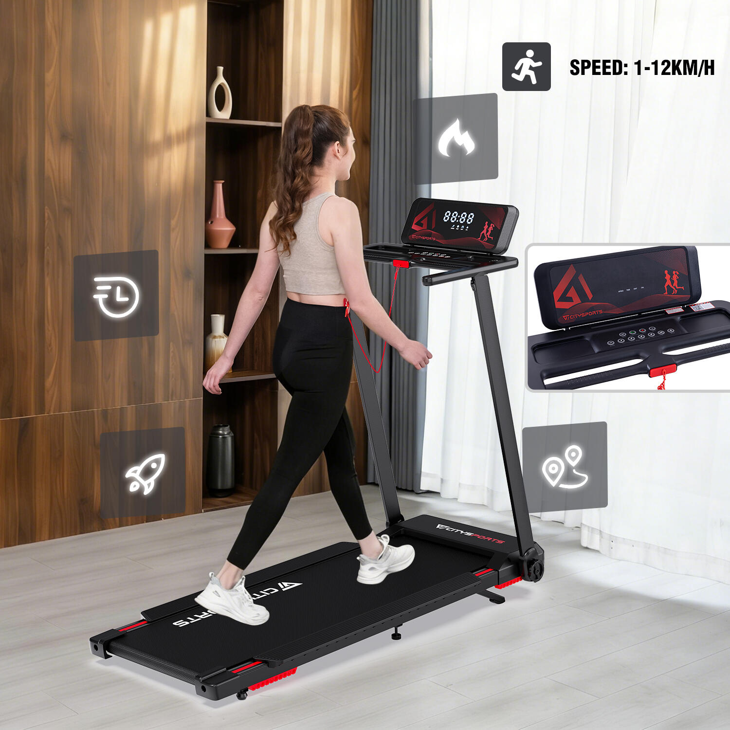 Skládací běžecký pás Citysports HG2-12-1400W-12 km/h-APP-Bluetooth 6/7