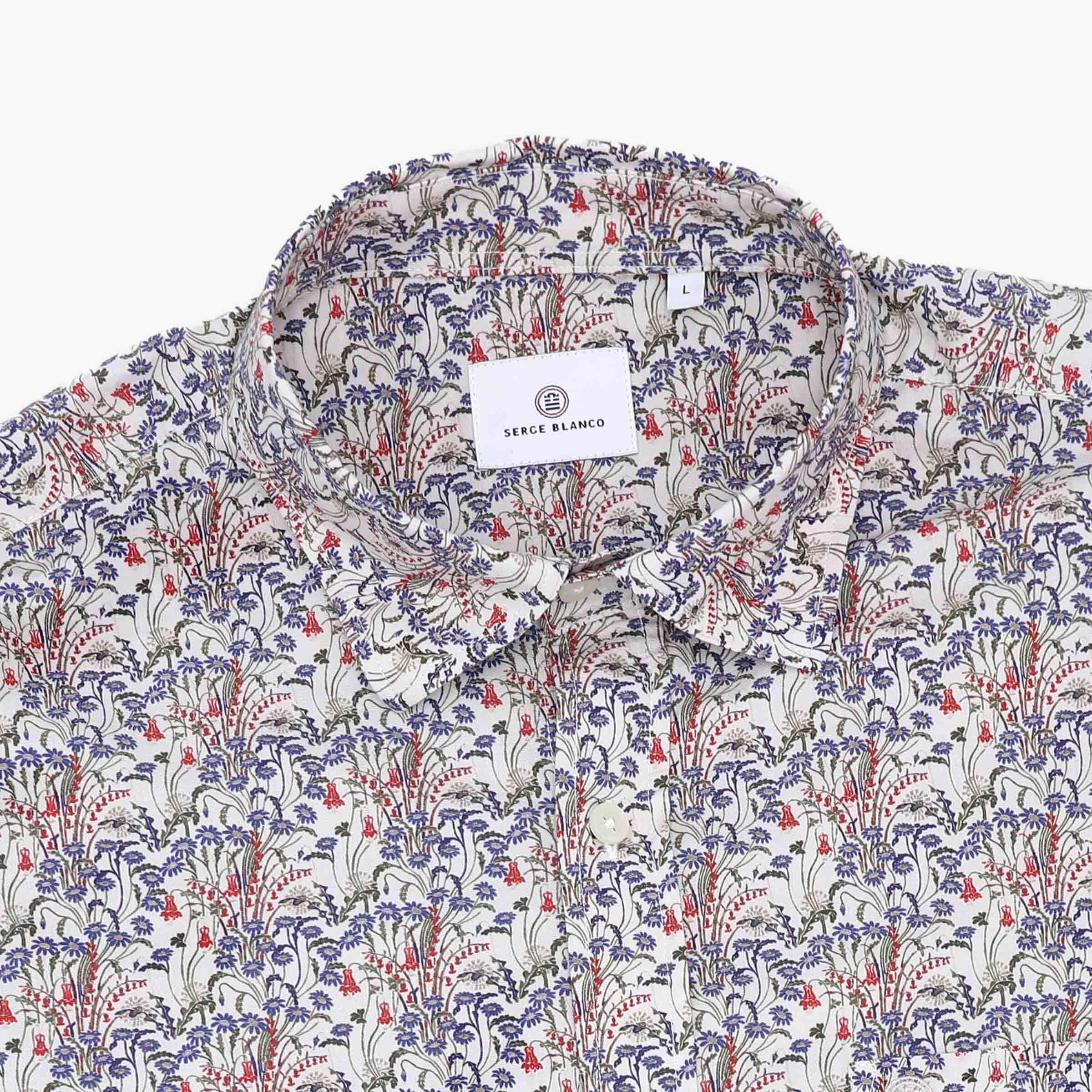 Camicia a maniche lunghe in cotone ricamata bianca e blu 3/4