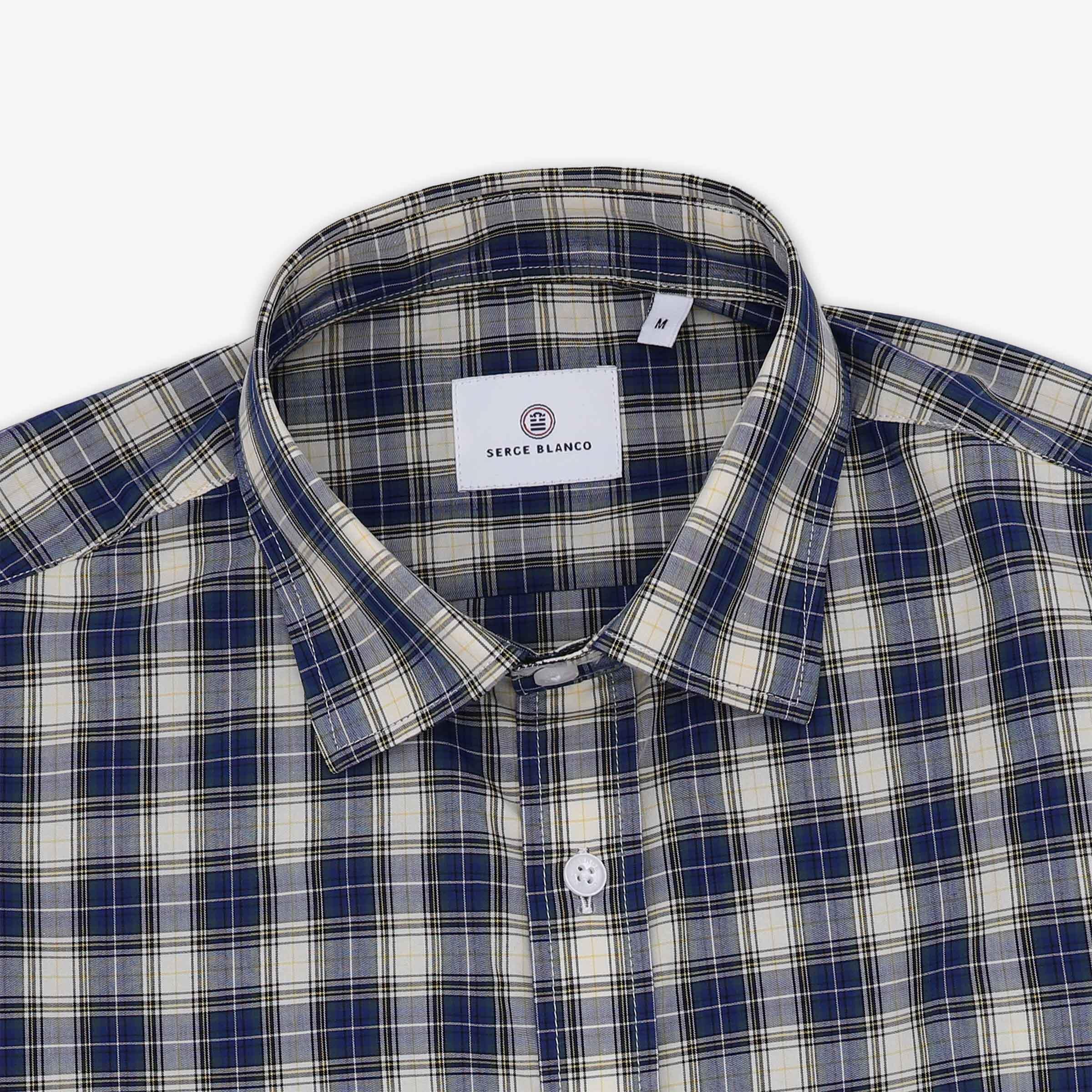 Camicia a maniche lunghe in cotone a quadri blu e beige 3/4