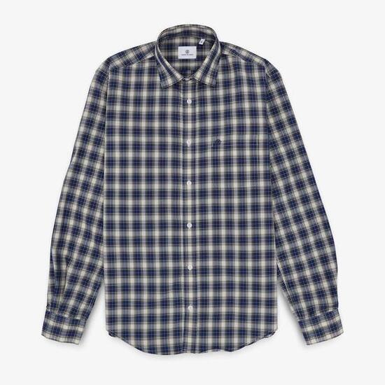 Chemise manches longues en coton bleue et beige à carreaux