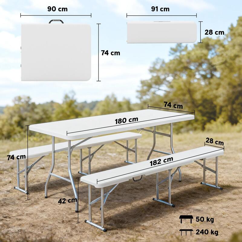 Outsunny Set masă de camping pliabilă 180x74x74 cm cu 2 bănci, alb