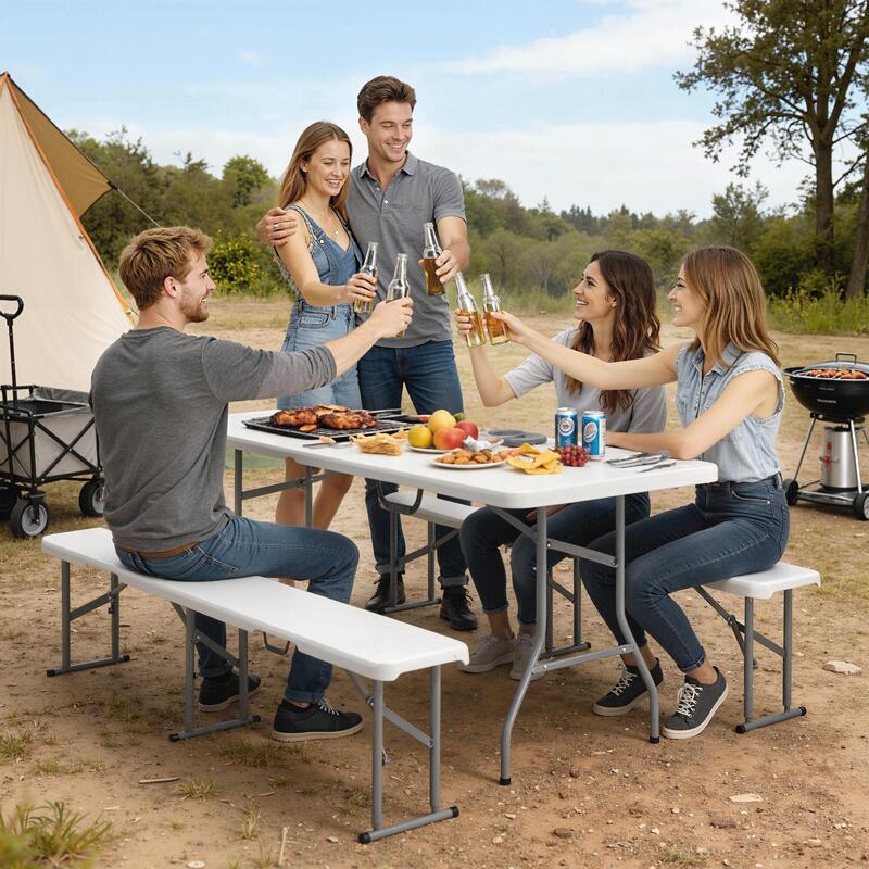 Outsunny Set masă de camping pliabilă 180x74x74 cm cu 2 bănci, alb