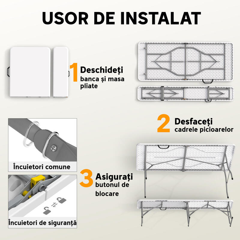 Outsunny Set masă de camping pliabilă 180x74x74 cm cu 2 bănci, alb