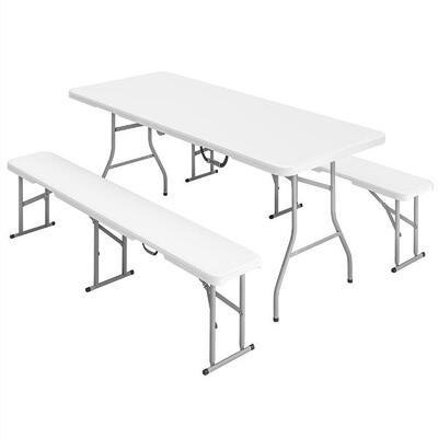Outsunny Set da Picnic Pieghevole a 3 Pezzi con Tavolo e 2 Panche Bianco Grigio