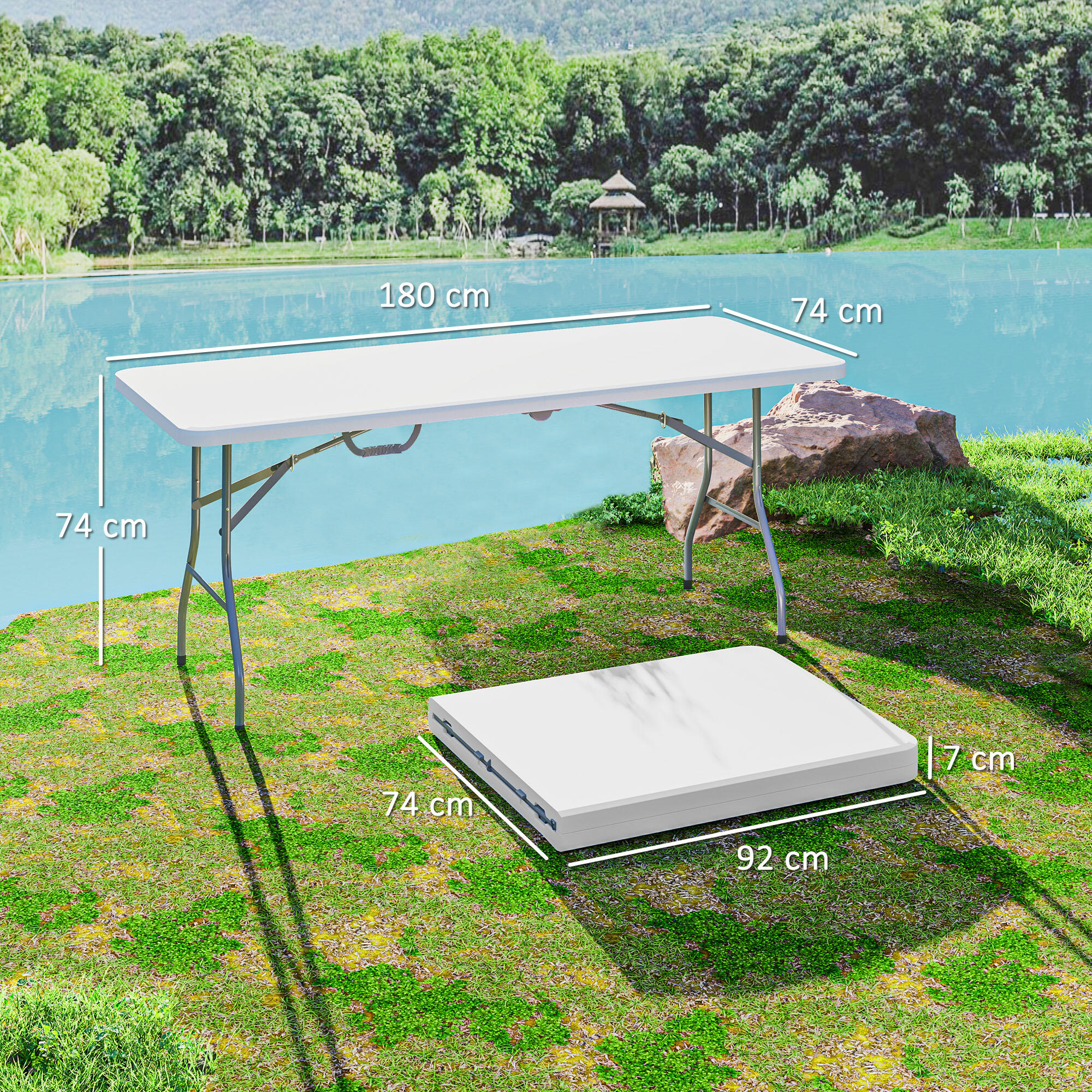 Outsunny Tavolo da Esterno Pieghevole con Maniglia 180x74x74 cm Bianco 3/7
