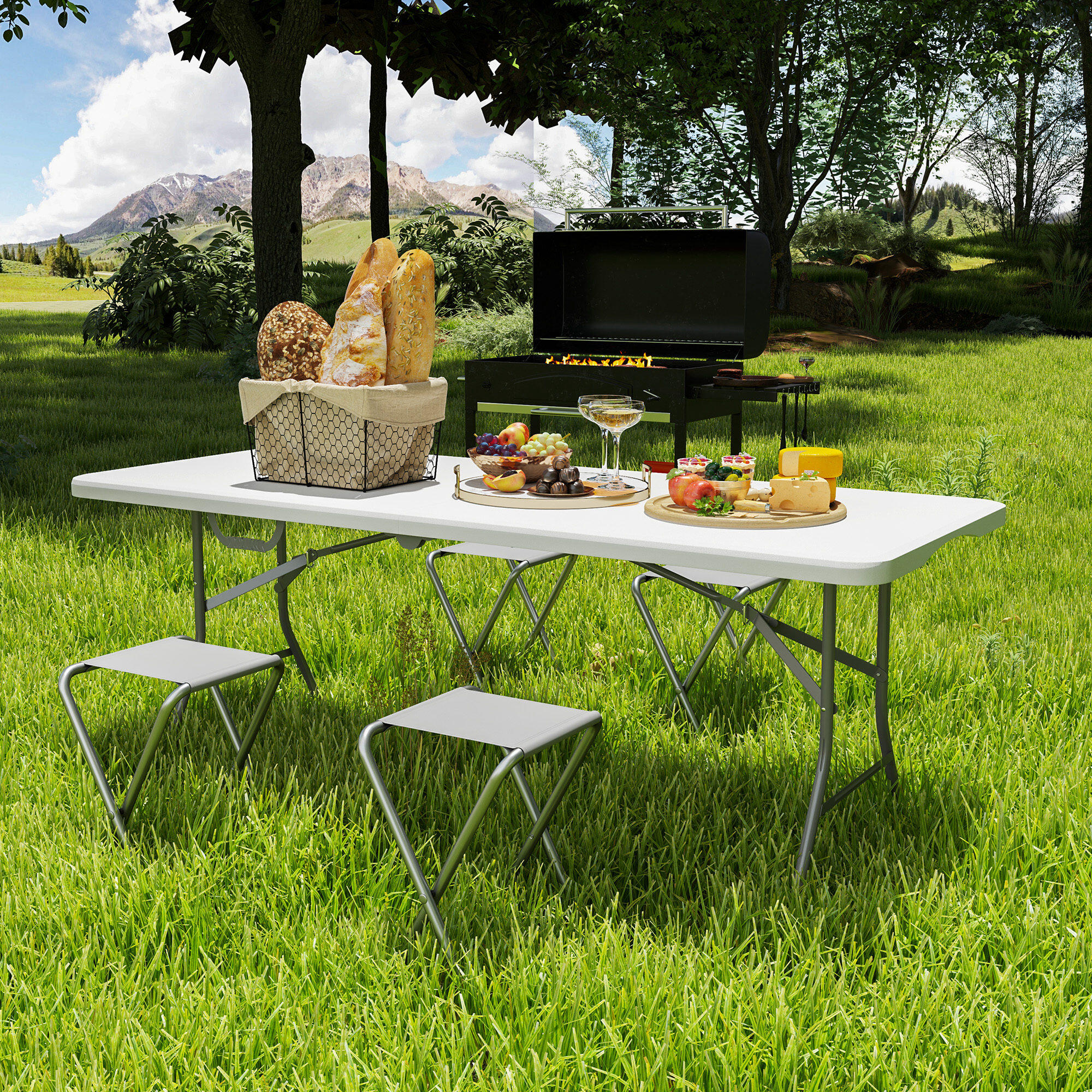 Outsunny Tavolo da Esterno Pieghevole con Maniglia 180x74x74 cm Bianco 7/7