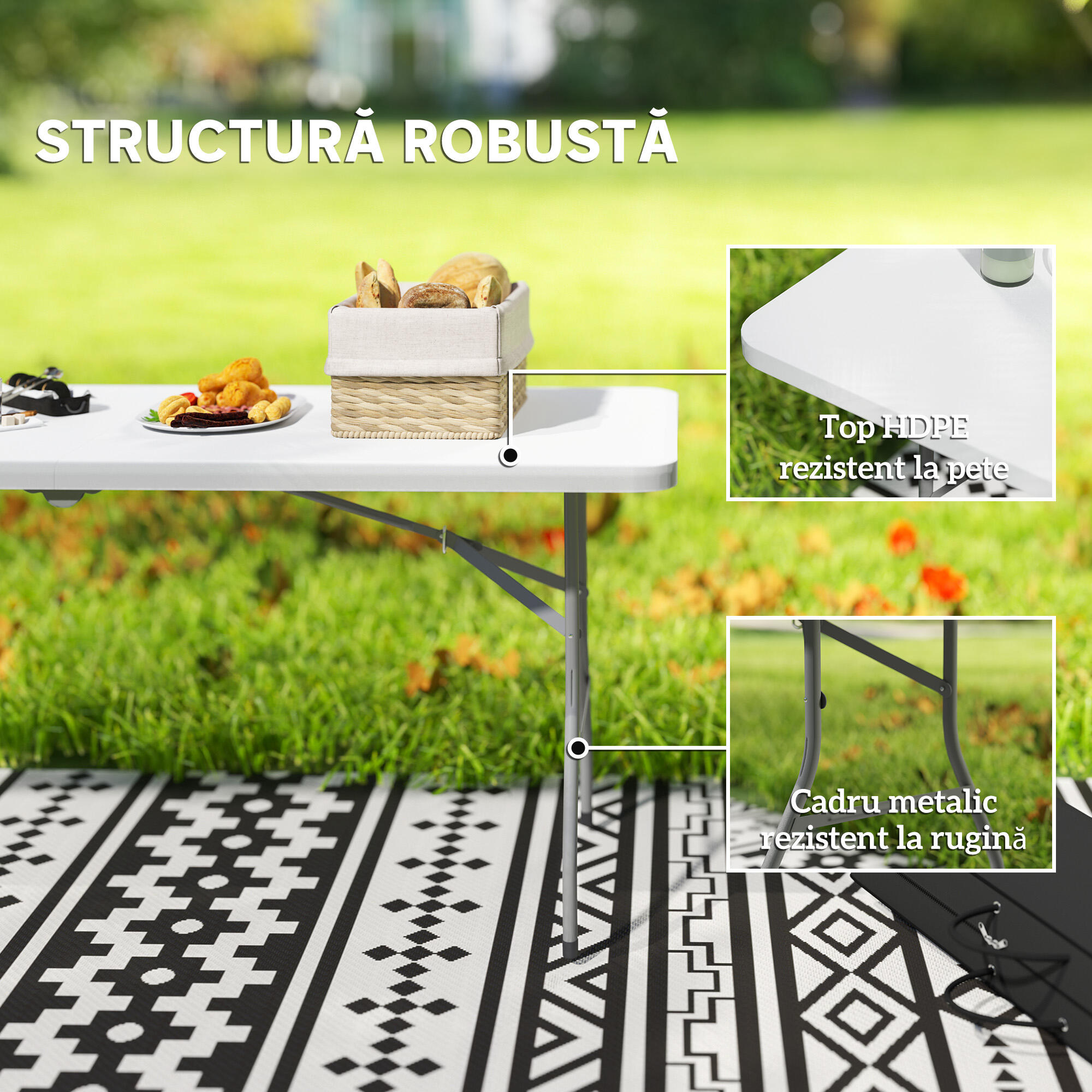 Outsunny Tavolo da Esterno Pieghevole con Maniglia 180x74x74 cm Bianco 5/7