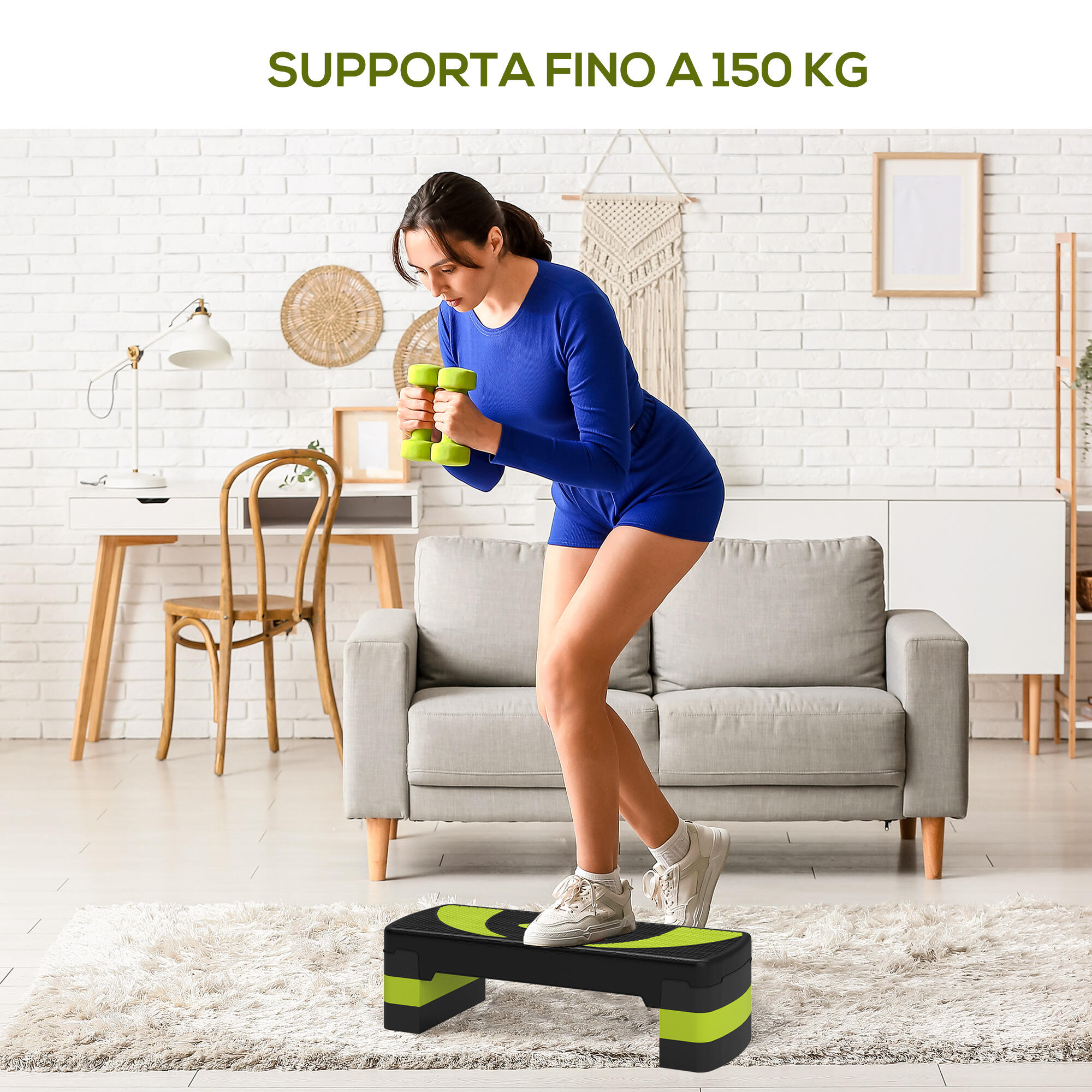 HOMCOM Stepper Fitness Regolabile su 3 Altezze da 10-15-20 cm Verde e Nero 7/7
