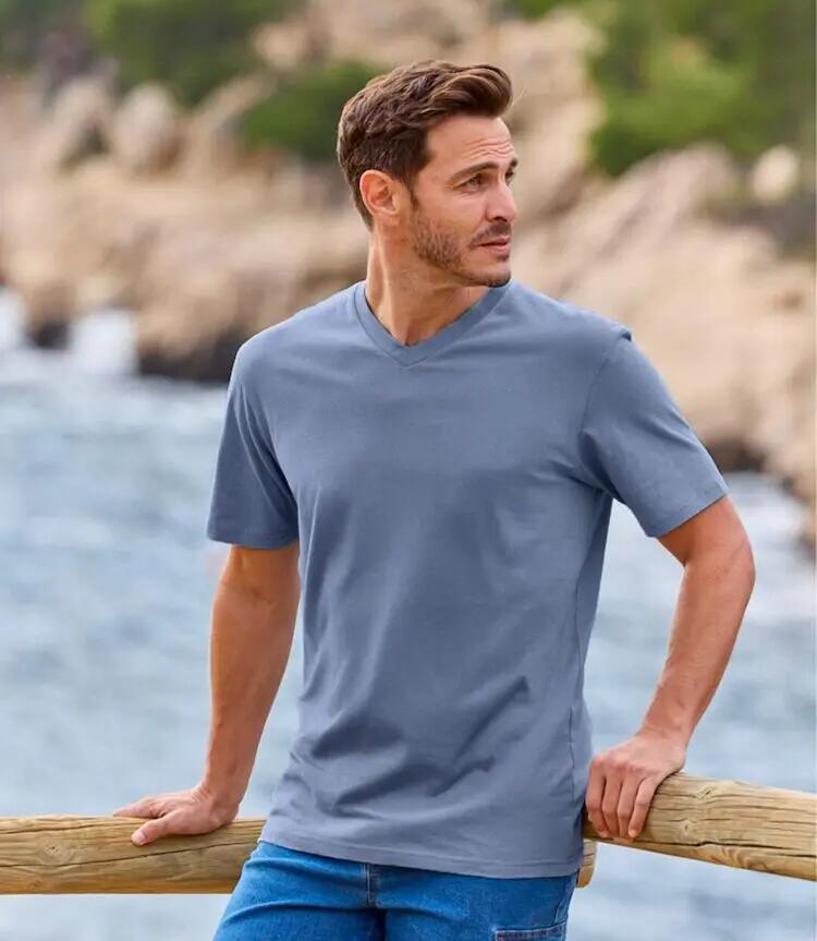 4er-Pack, einfarbige, kurzärmelige T-Shirts mit V-Ausschnitt 3/7