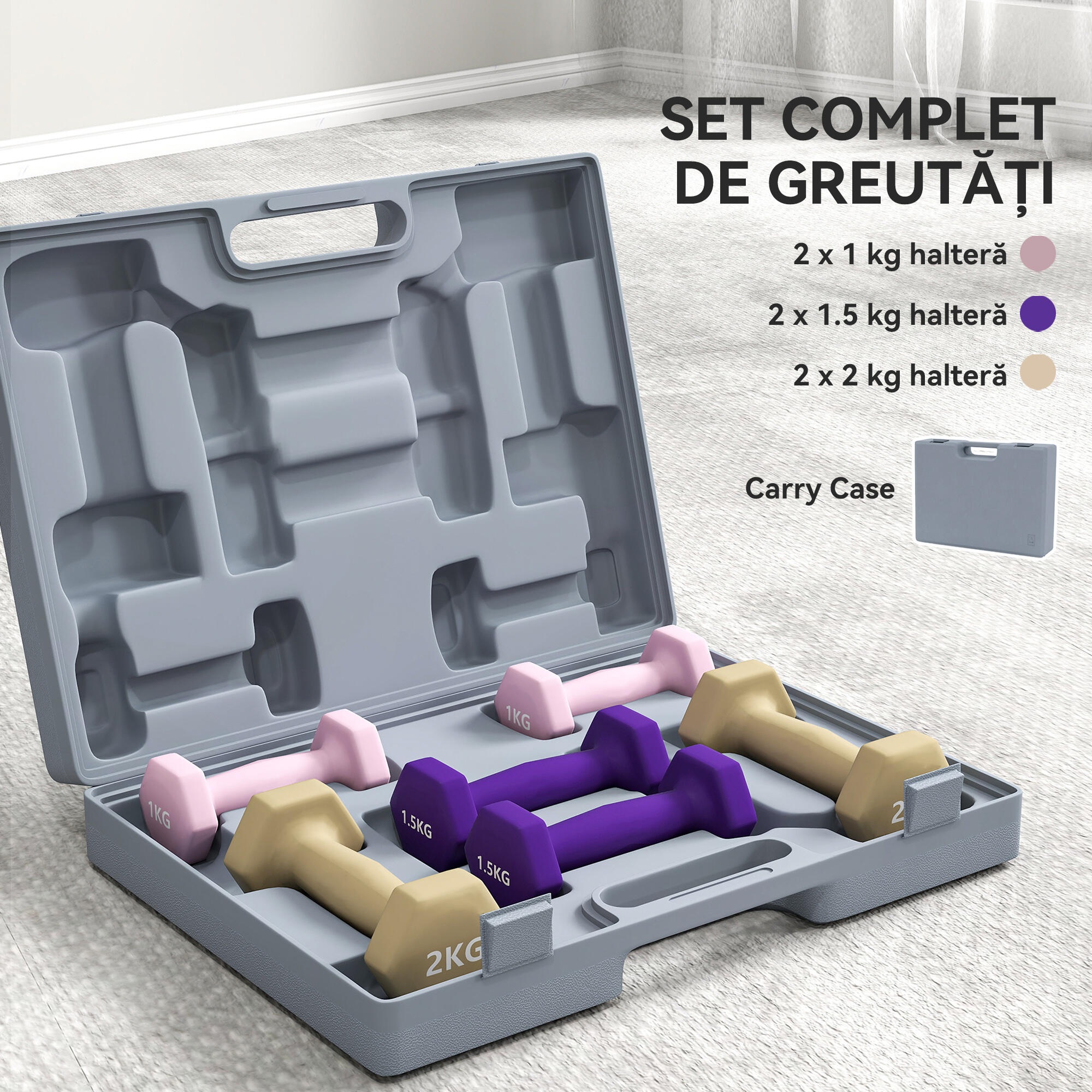 SPORTNOW Set 6 Manubri Pesi con Valigetta da 1kg 1.5kg 2kg in Acciaio e PU 4/7