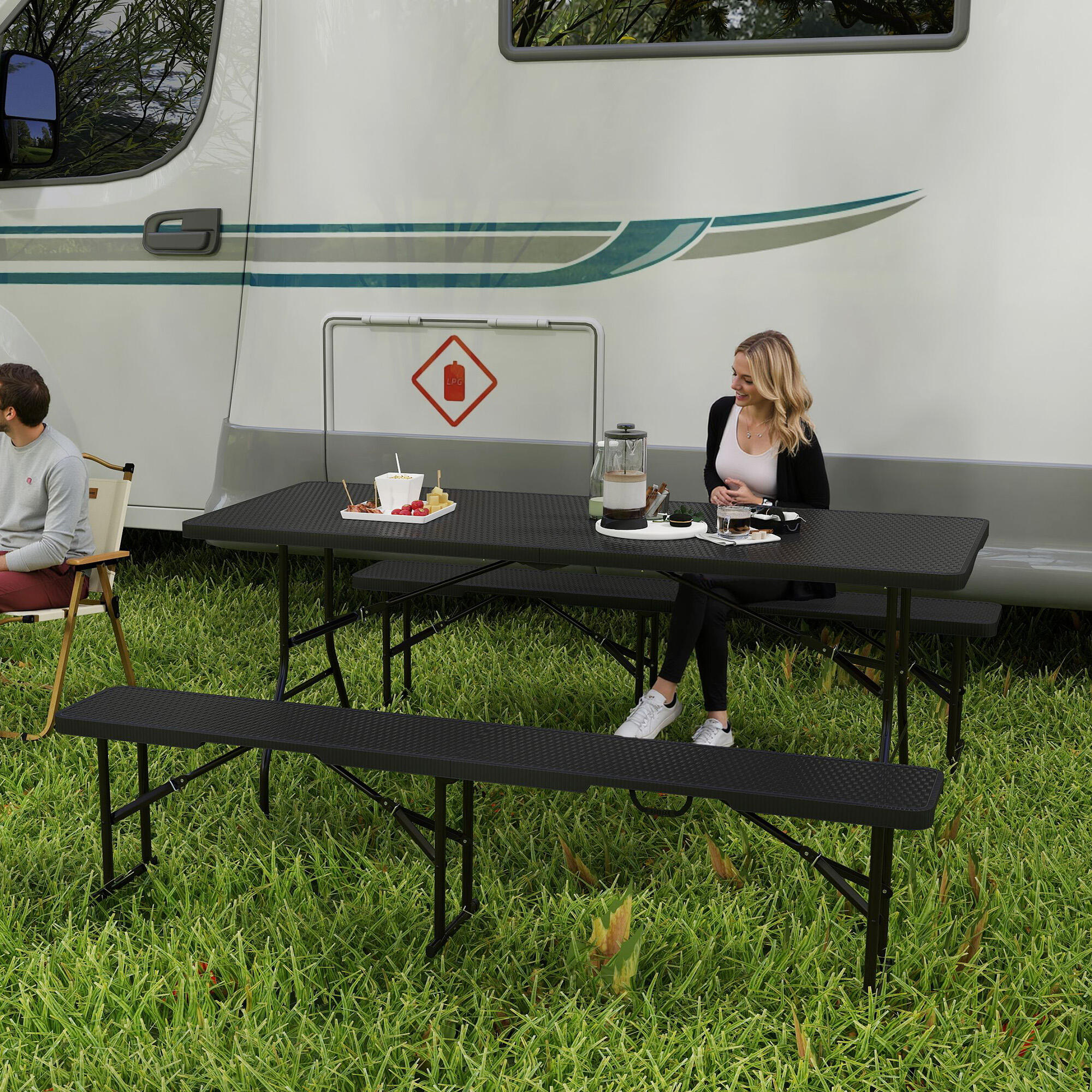 Table pliante - Camping - Unisexe - Effet rotin, Pliable, Poignées - Noir 3/6