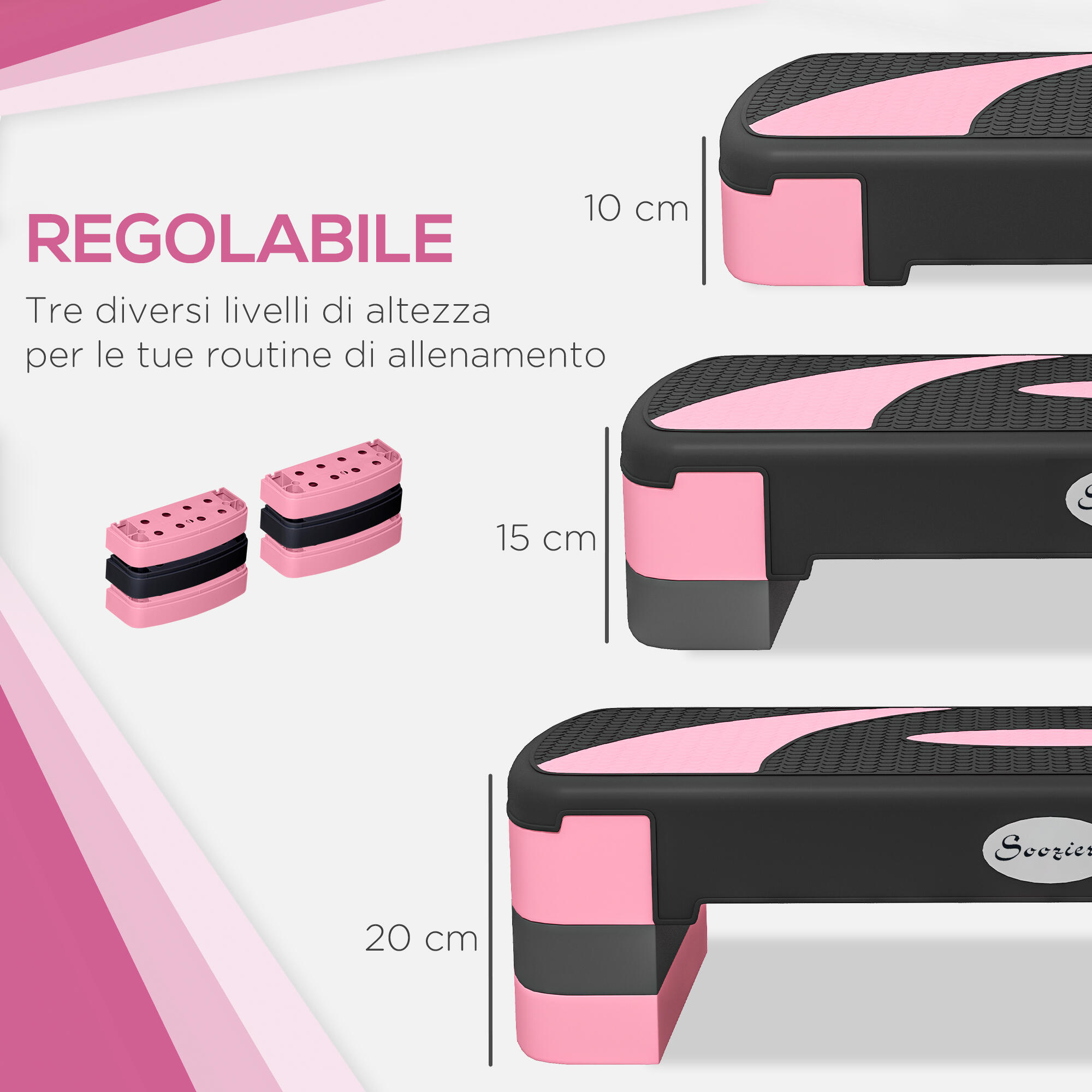 HOMCOM Stepper Fitness Regolabile su 3 Altezze da 10-15-20 cm Rosa e Nero 4/7