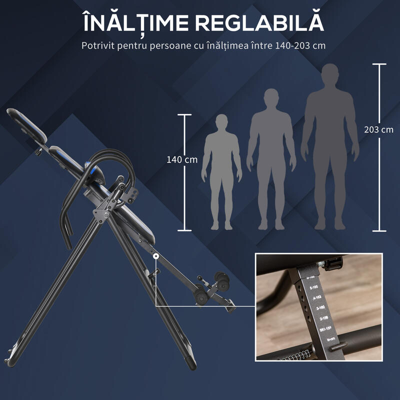 Masă pliabilă cu inversiune gravitațională HOMCOM, reglabilă, 140-203 cm, neagră