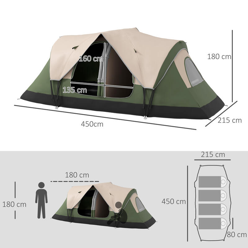 Outsunny Cort de camping 6-8 persoane, 2 camere, 450x215x180 cm, verde