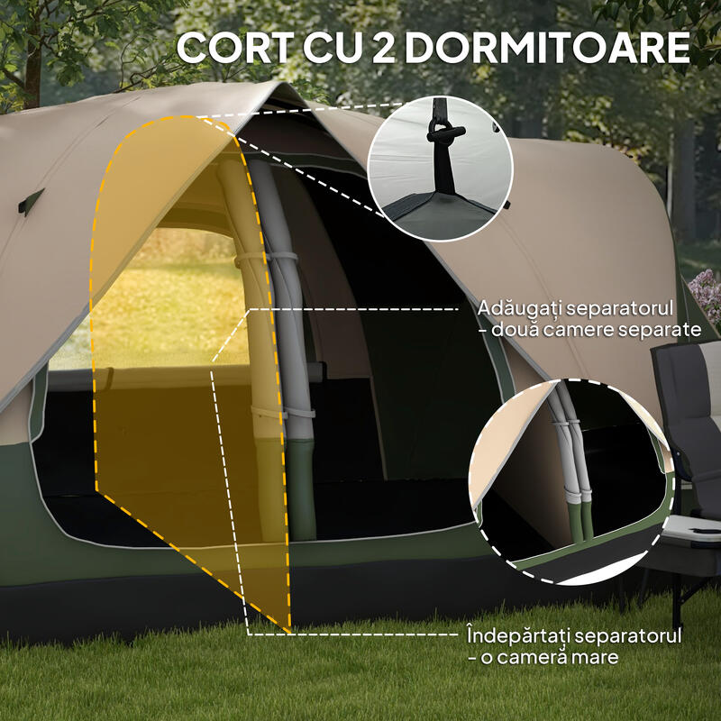 Outsunny Cort de camping 6-8 persoane, 2 camere, 450x215x180 cm, verde
