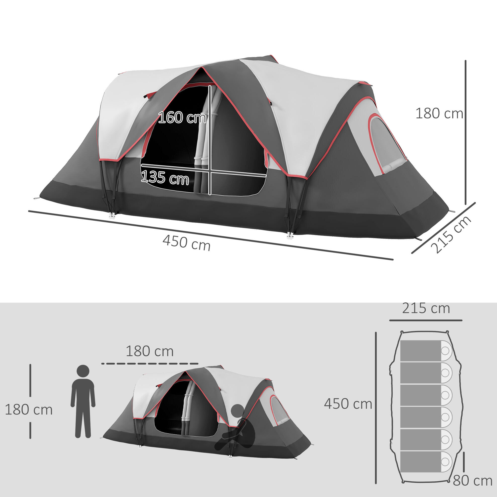 Tente pliable 2 chambres sac étanche randonnée 450x215x180cm grise 5/6