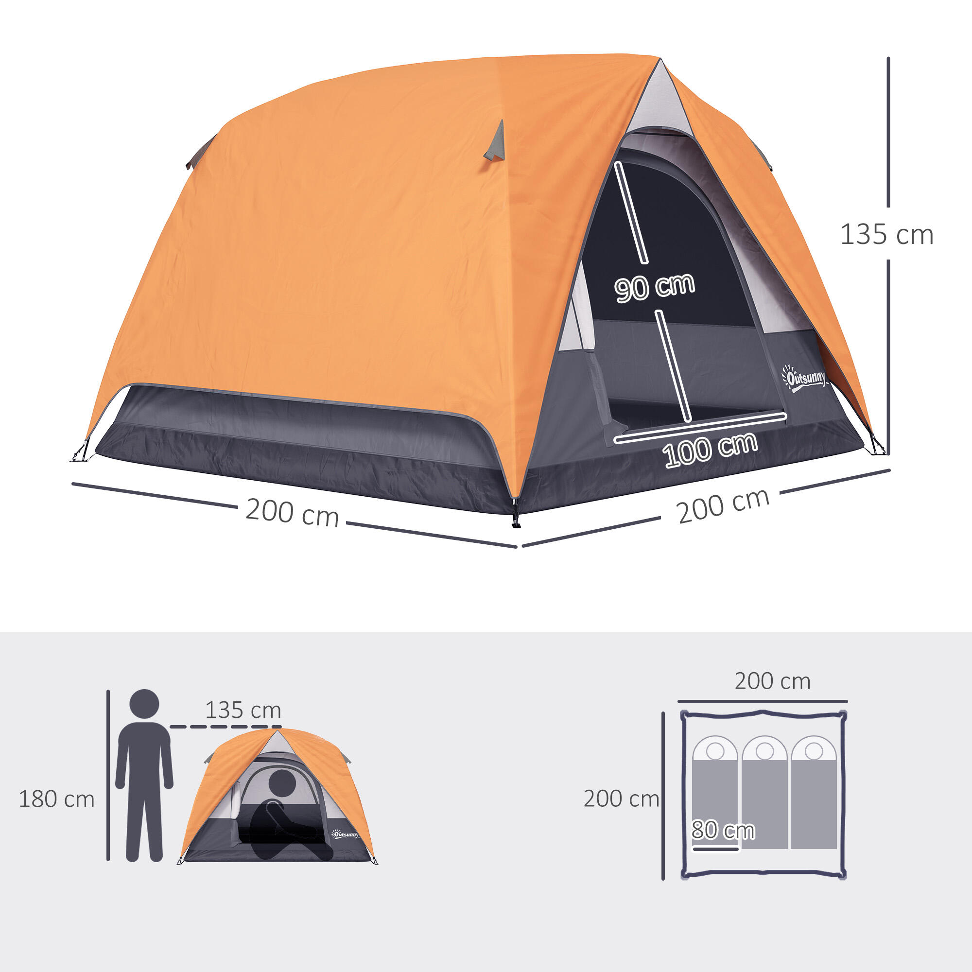 Outsunny Tenda da Campeggio per 3 Persone Impermeabile 2x2x1.35m Arancione 3/7