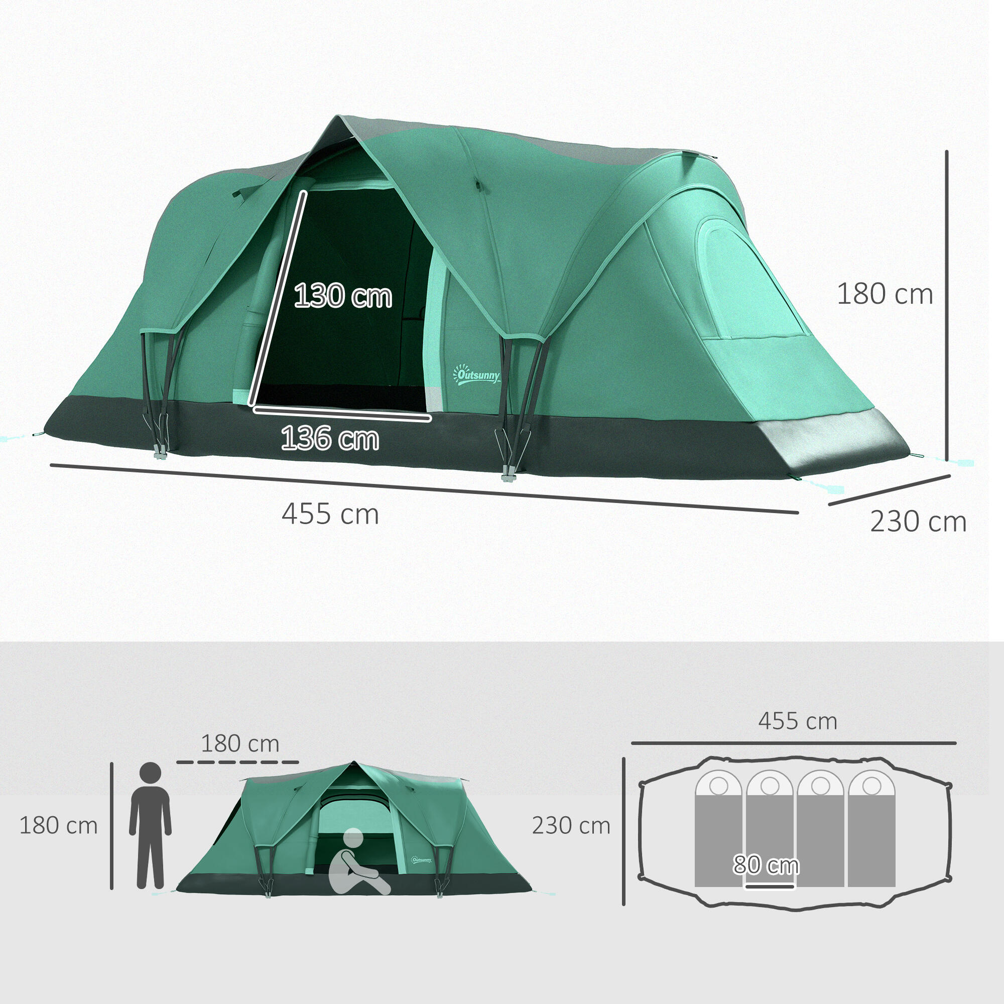 Outsunny Tenda da Campeggio 6 Posti Idrorepellente 4.55x2.3x1.8m Verde 3/8