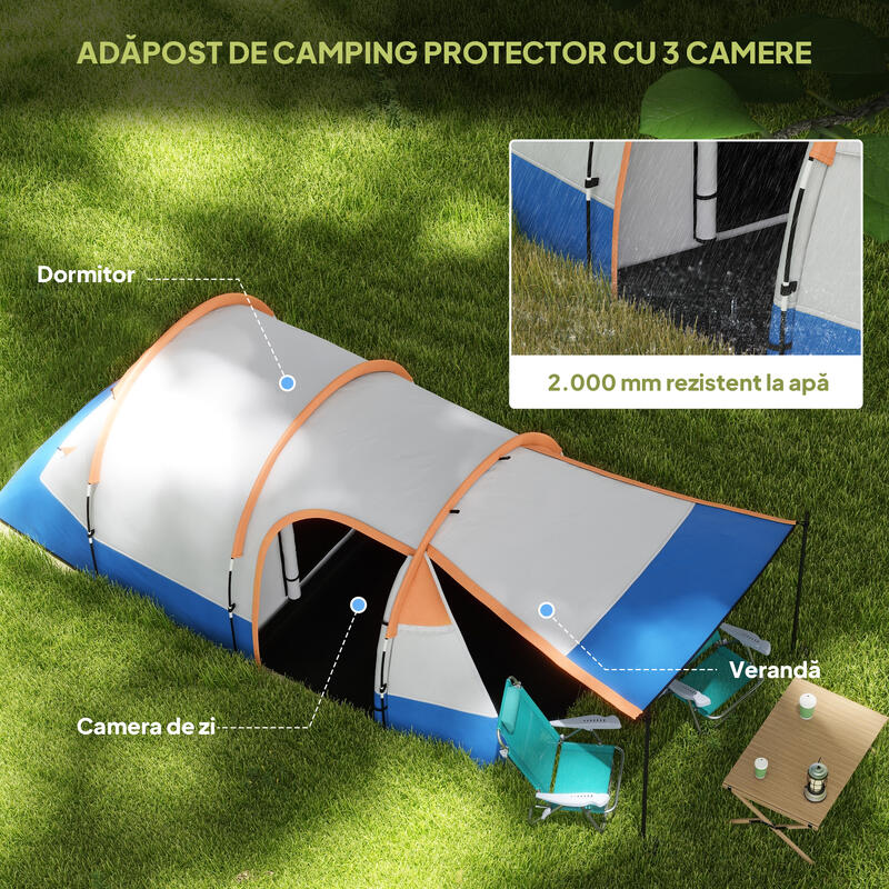 Cort de camping impermeabil Outsunny pentru 2-3 persoane cu 2 zone, portocaliu