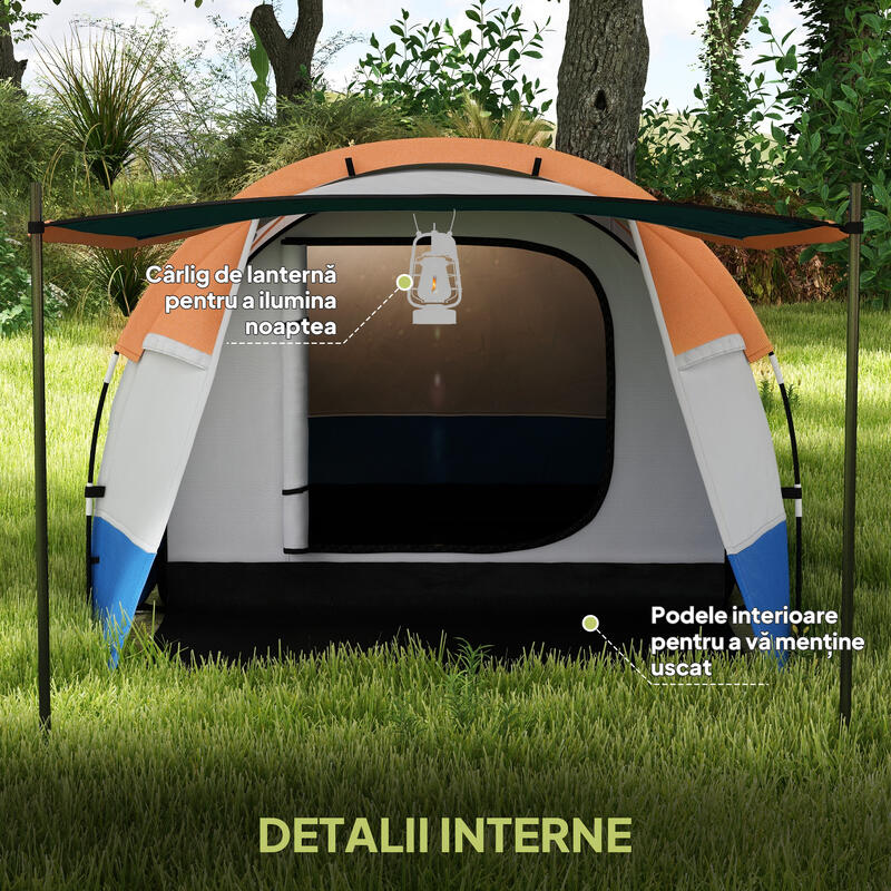 Cort de camping impermeabil Outsunny pentru 2-3 persoane cu 2 zone, portocaliu