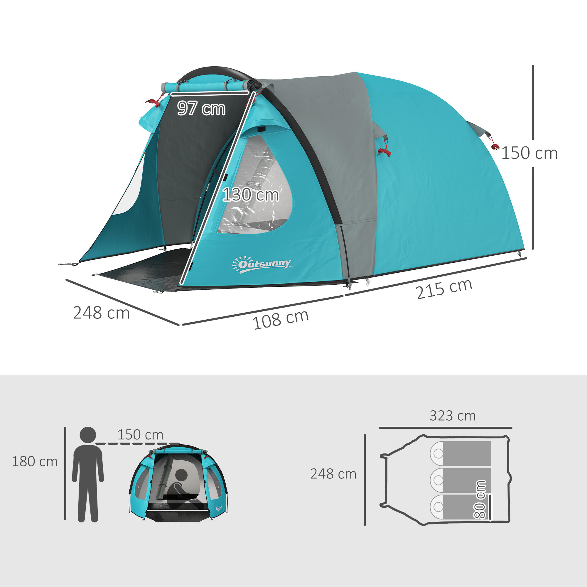 Outsunny Tenda da Campeggio 3 Persone con Camera e Veranda Impermeabile Azzurro 3/7