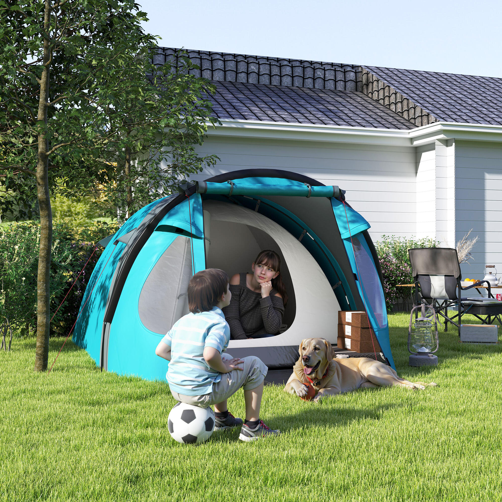 Outsunny Tenda da Campeggio 3 Persone con Camera e Veranda Impermeabile Azzurro 2/7