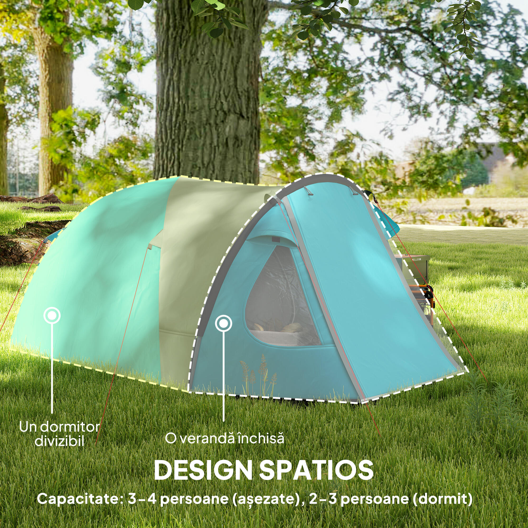 Outsunny Tenda da Campeggio 3 Persone con Camera e Veranda Impermeabile Azzurro 4/7