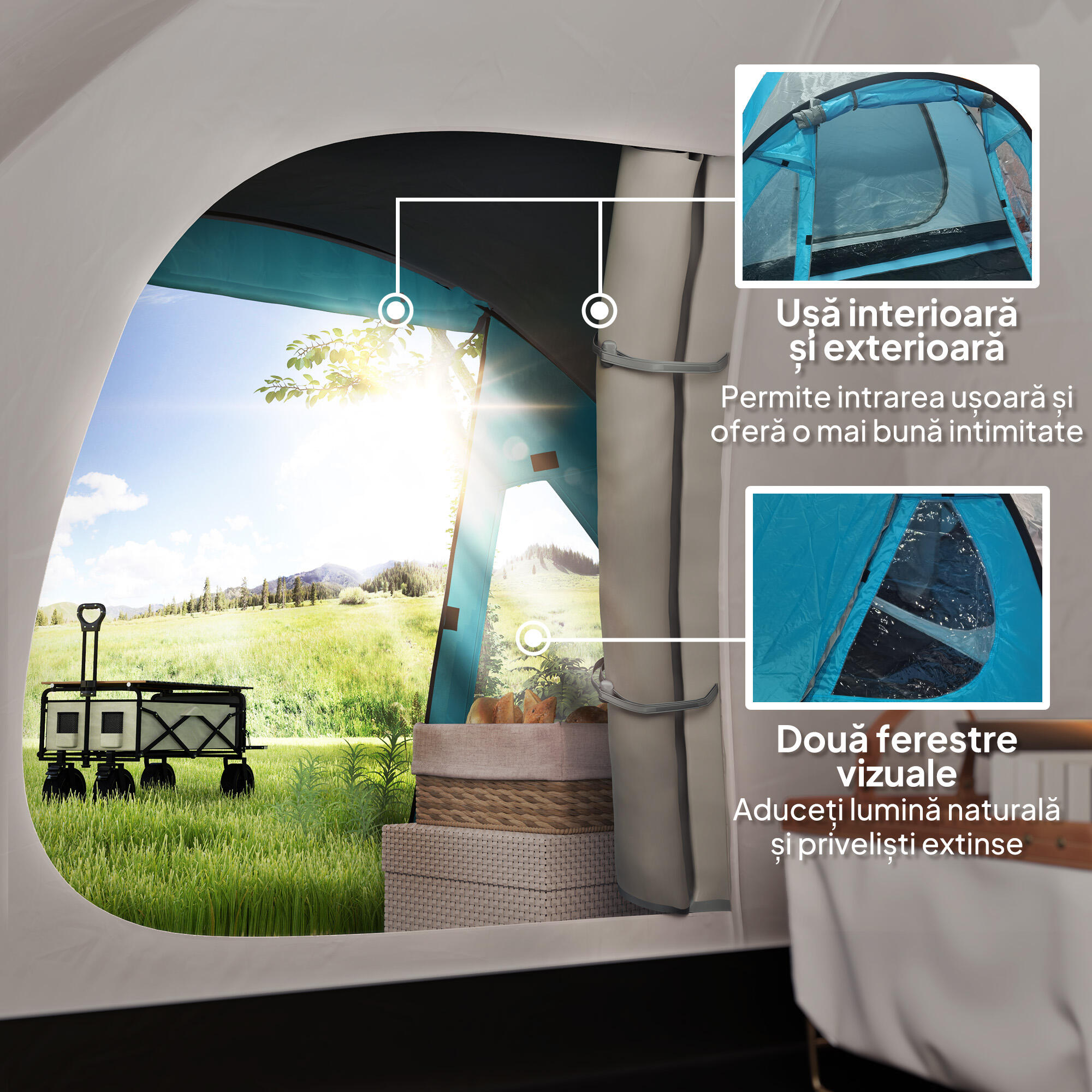 Outsunny Tenda da Campeggio 3 Persone con Camera e Veranda Impermeabile Azzurro 6/7