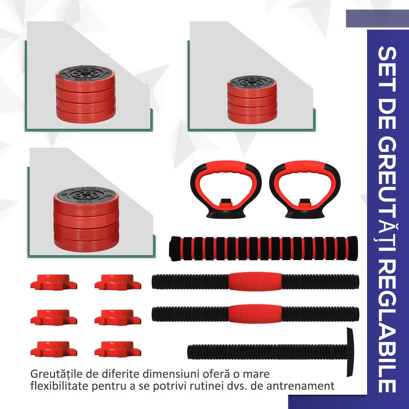 Set de greutăți SPORTNOW 4 în 1, 20 kg, cu kettlebell, gantere și halteră roșie