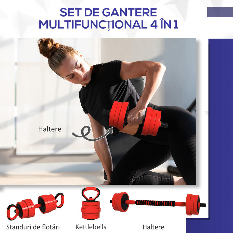 Set de greutăți SPORTNOW 4 în 1, 20 kg, cu kettlebell, gantere și halteră roșie