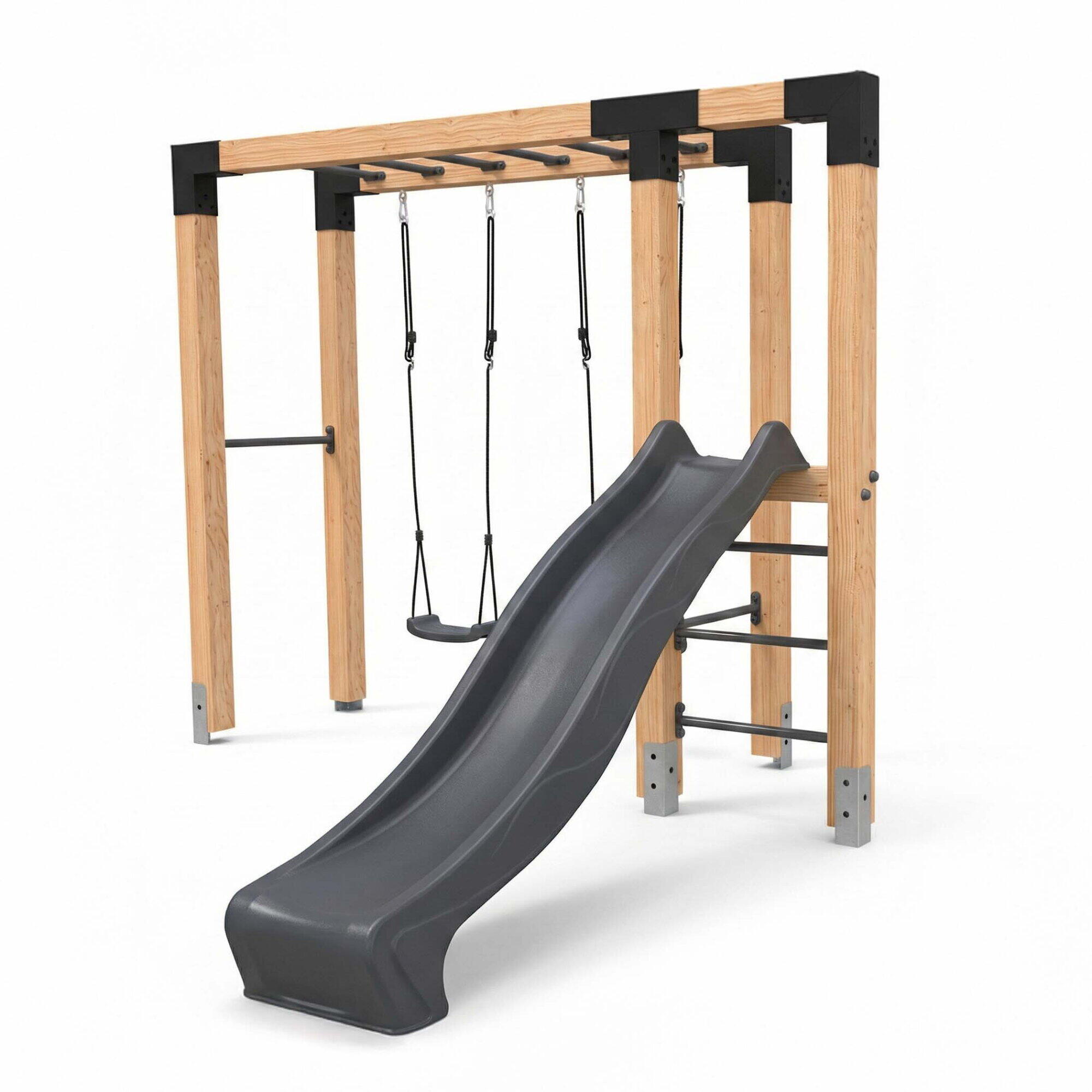 Linea Robust 110 houten monkeybar met dubbele schommel en glijbaan 2/7