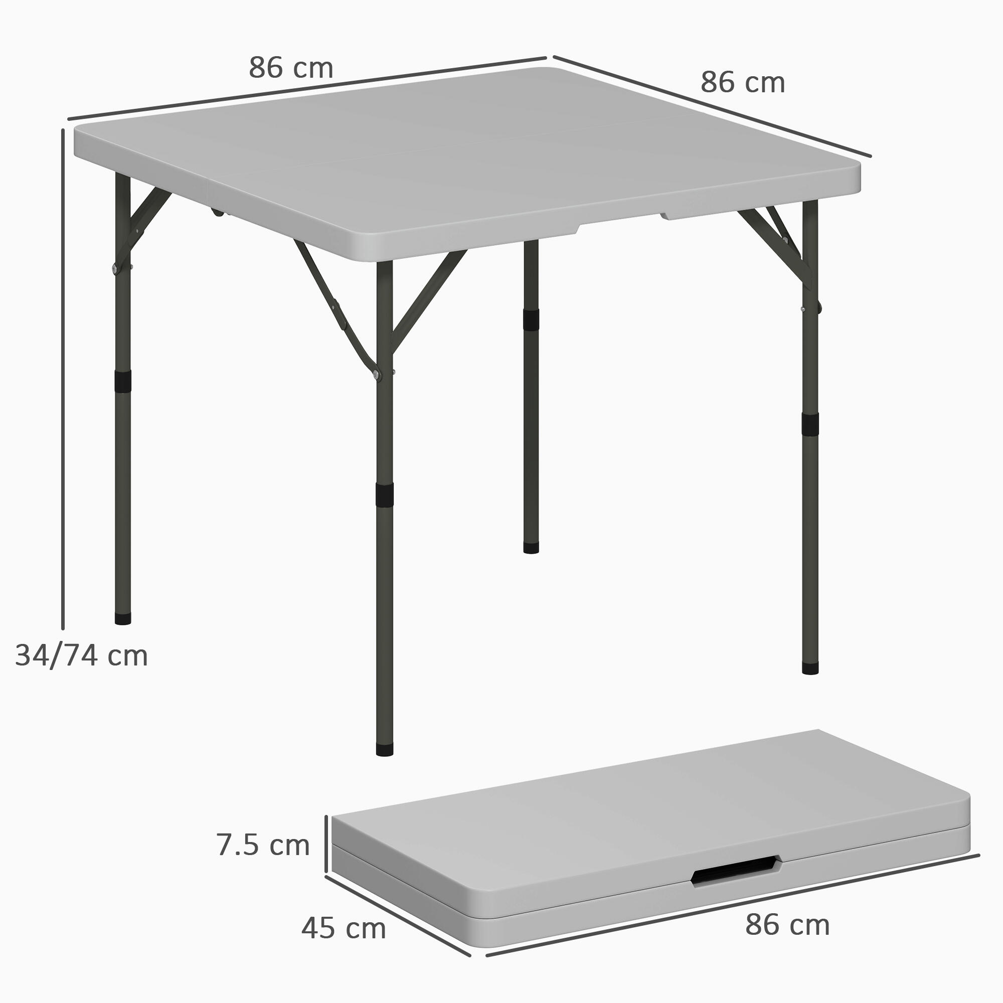 Outsunny Tavolo da Campeggio Pieghevole 2 Altezze Regolabili 86x86x74cm Grigio 3/7