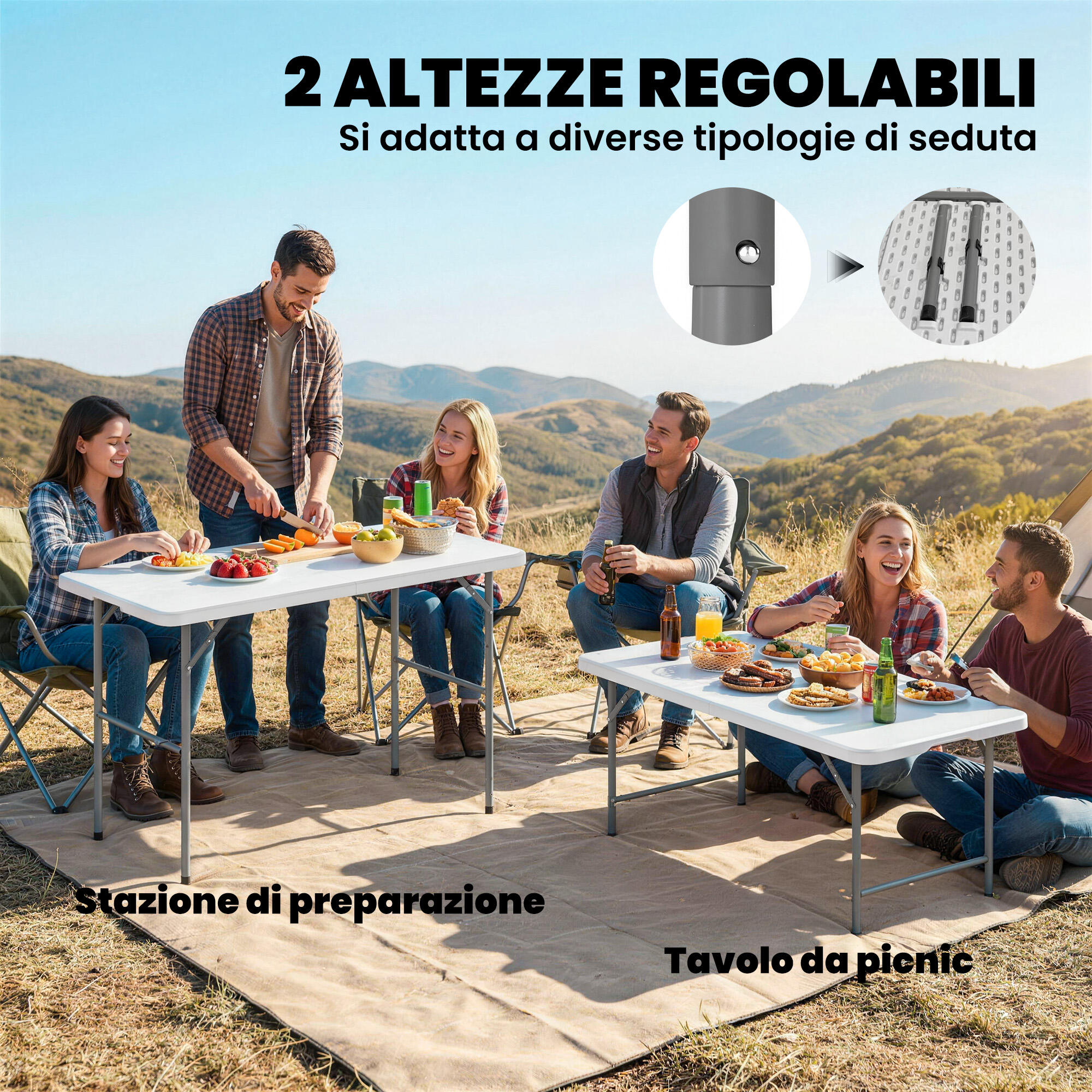 Outsunny Tavolo da Campeggio Pieghevole con Altezza Regolabile, 120x60cm, Bianco 6/7