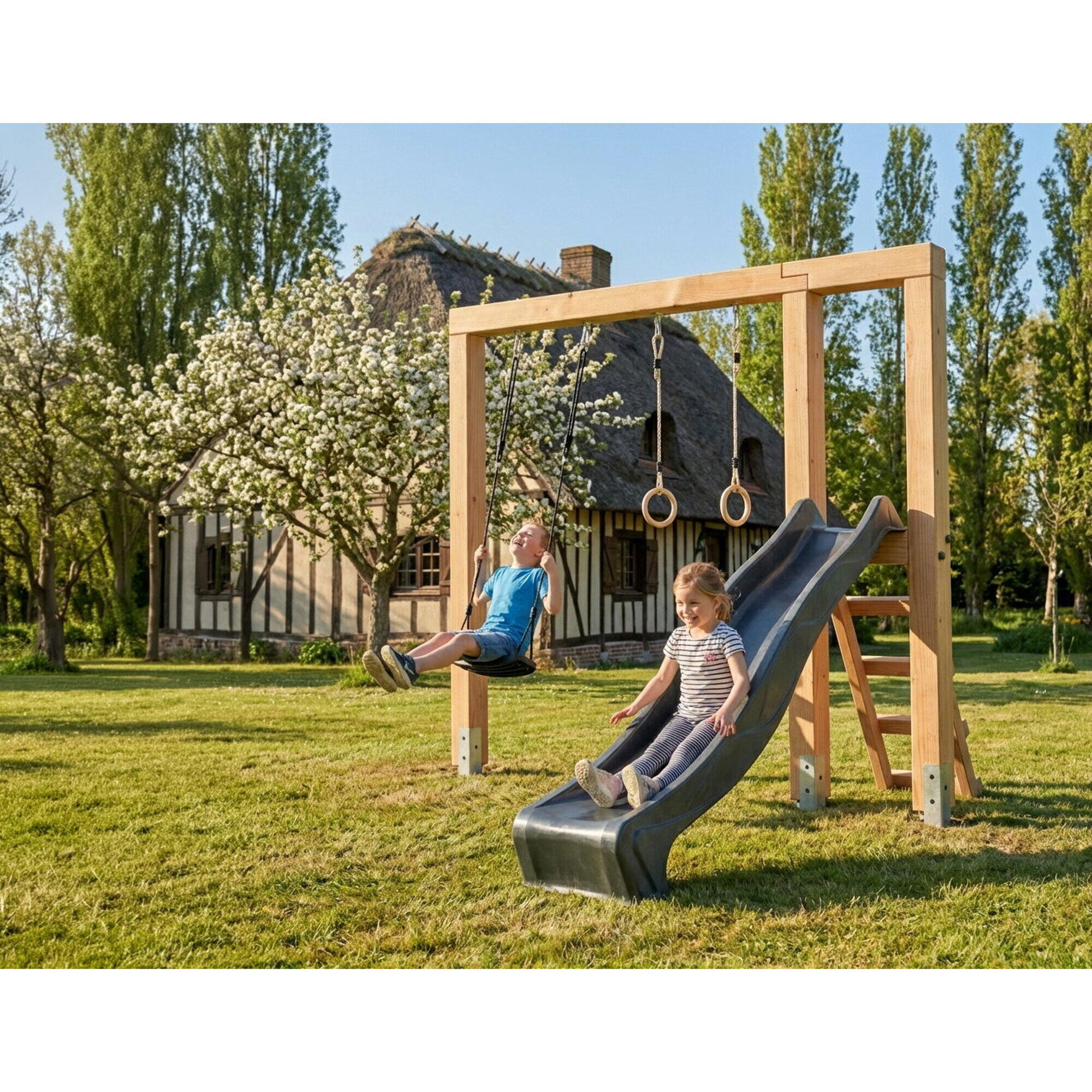 Linea Massiv 140 balançoire en bois avec toboggan et anneaux de gymn 3/7