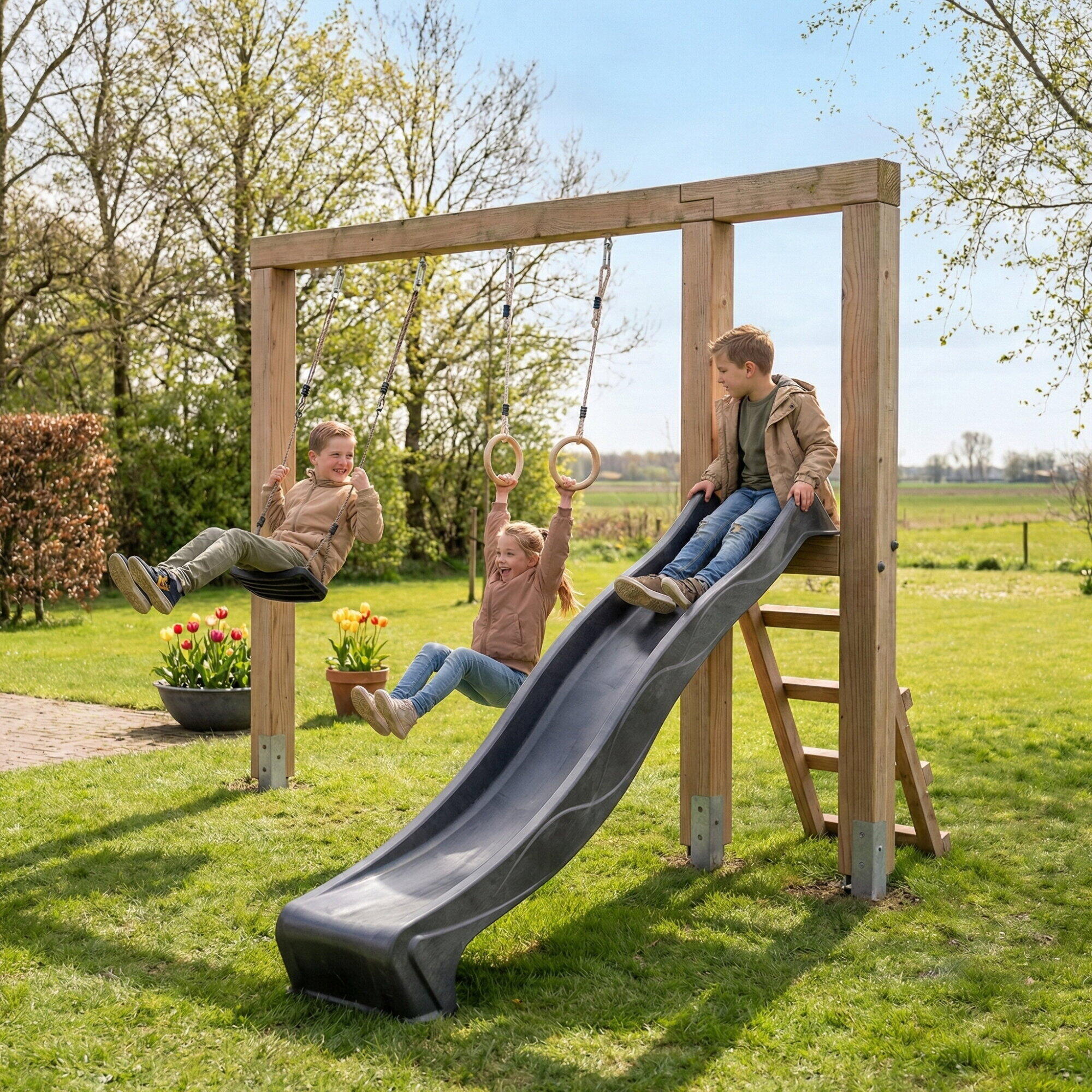 Linea Massiv 140 balançoire en bois avec toboggan et anneaux de gymn 5/7