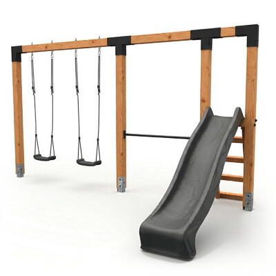 Linea robust 110 dubbele houten schommel met duikelrek en glijbaan