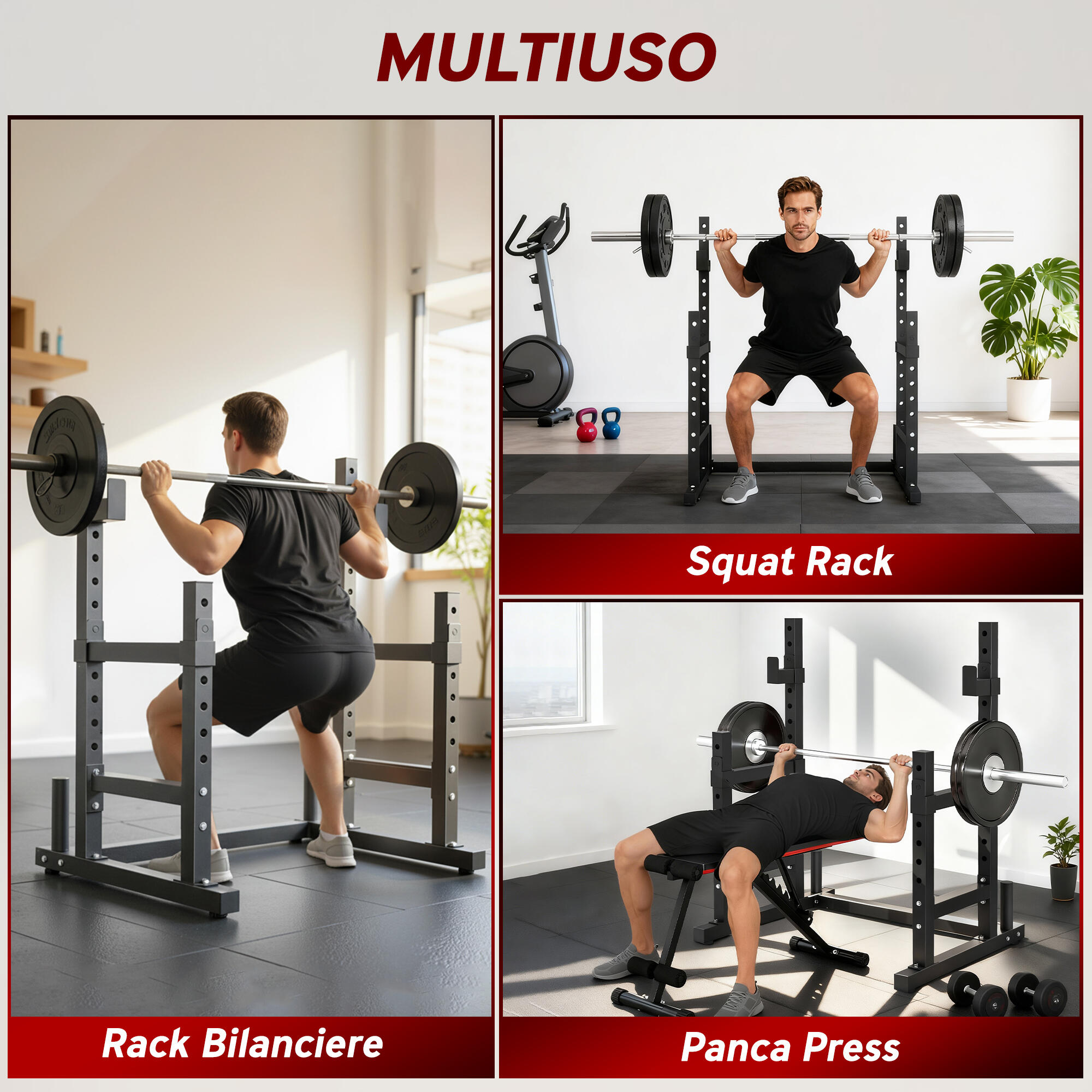 SPORTNOW Porta Bilanciere Regolabile 2 Livelli con Porta Dischi in Acciaio Nero 4/8