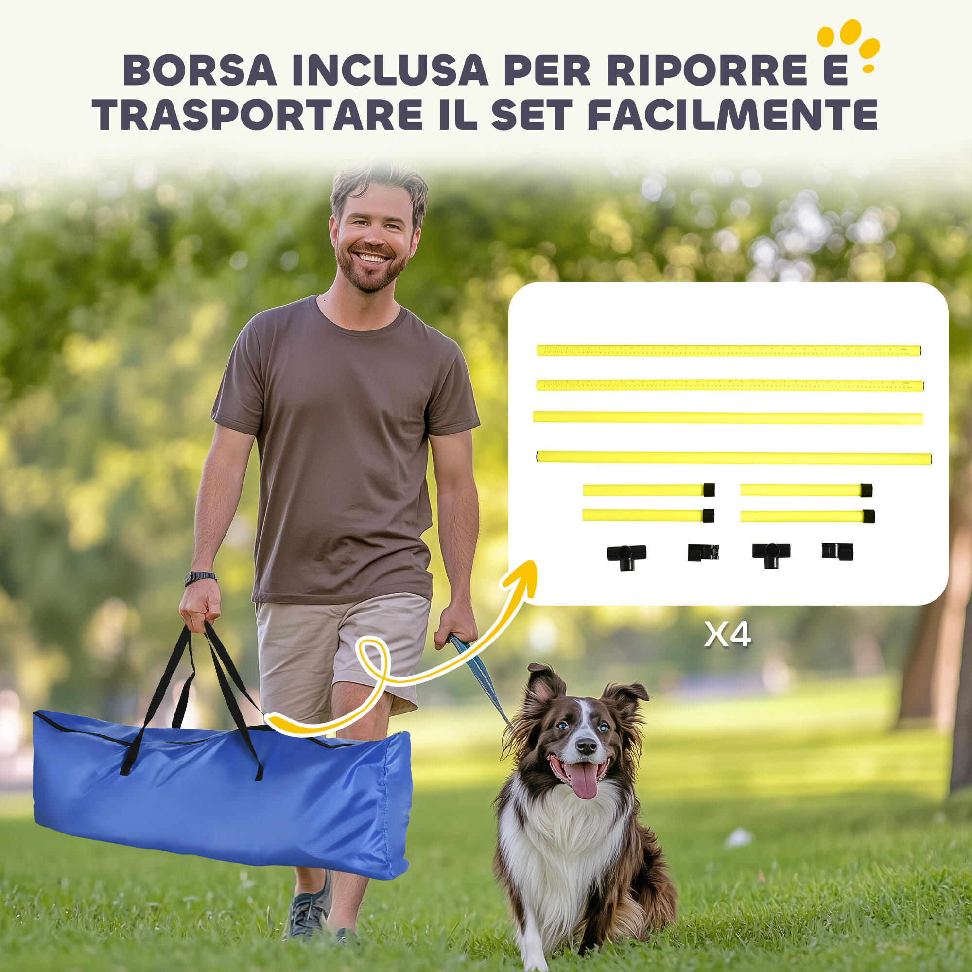 PawHut Set 4 Ostacoli Agility Dog Addestramento Cani e Borsa da Trasporto Giallo 6/7