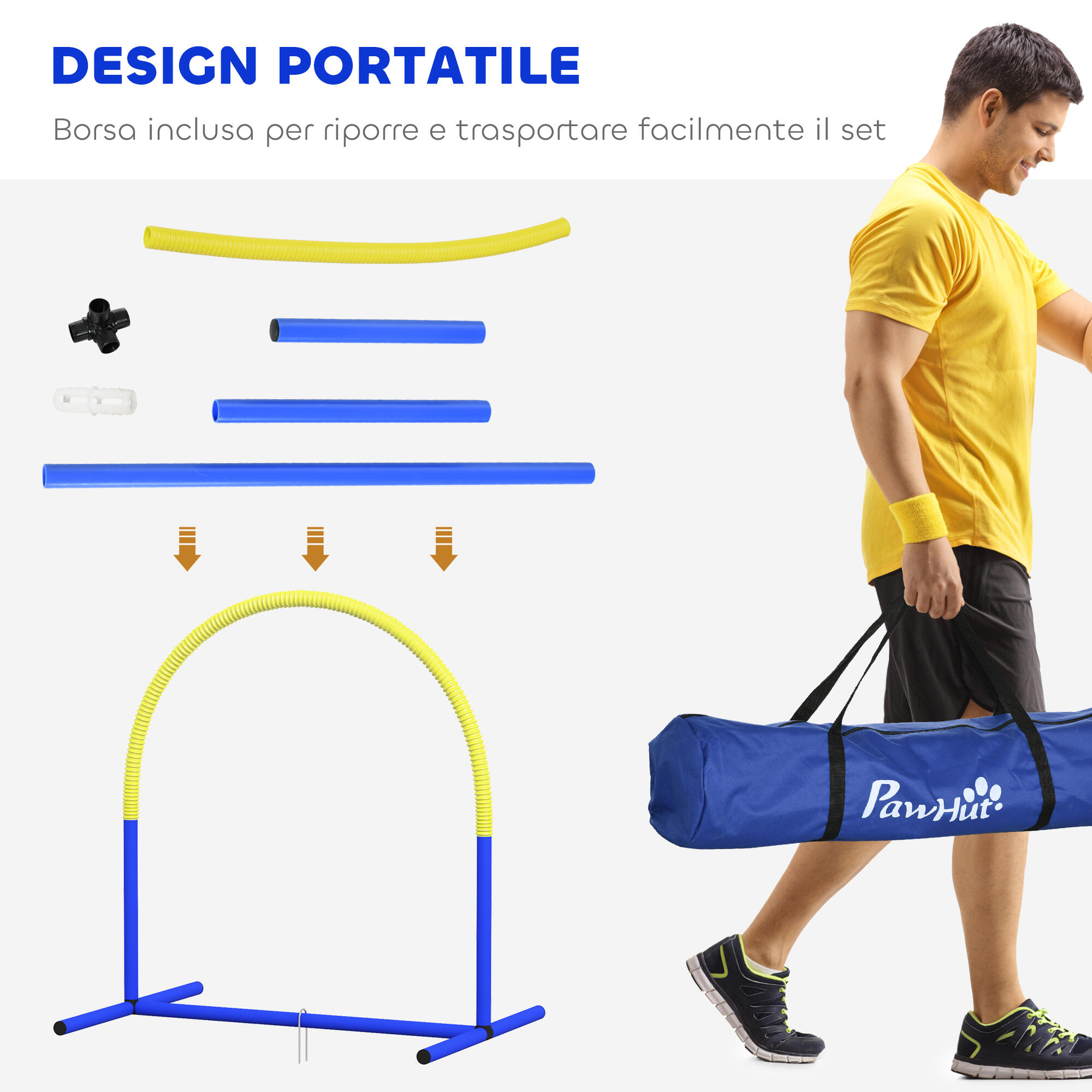 PawHut Set Agility Dog con 4 Archi e Borsa da Trasporto Blu e Giallo 4/7