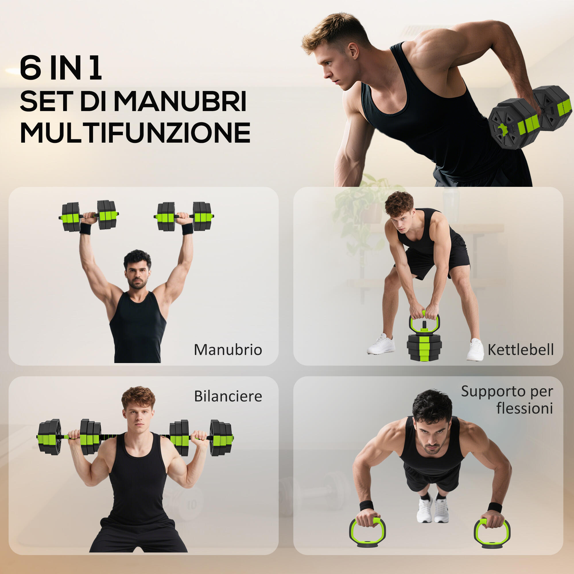 SPORTNOW Set Manubri Regolabili 4-in-1, Pesi 25 kg, Verde 4/7