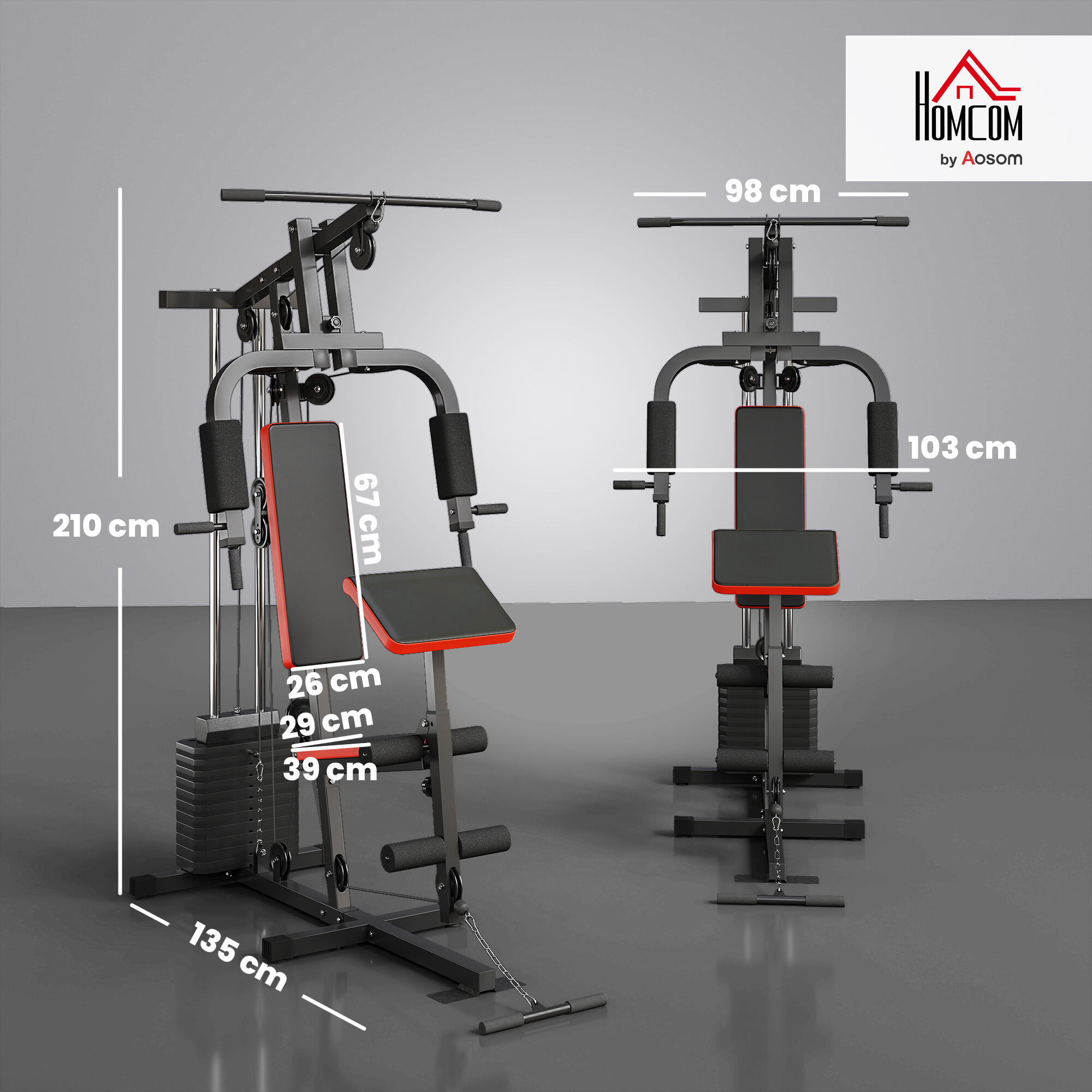 HOMCOM Power Tower Multifunzione con Pesi, 135x103x210cm, Nero e Rosso 3/8